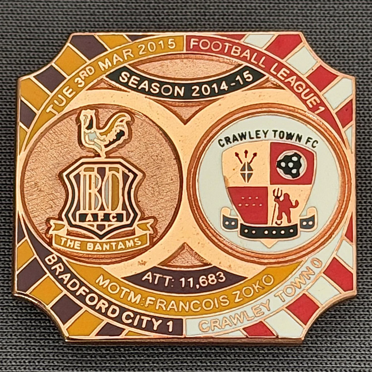 Reference Number: BCFIX316
Size: H 26.8 mm x W 28.8 mm
Pin Type: Brooch Pin
Plating: Copper
Value: £12
Manufacturer: Bradford City Badges
Comments: Bradford City v Crawley Town 2014/15, Limited Edition of 1 Badge (Copper Version)