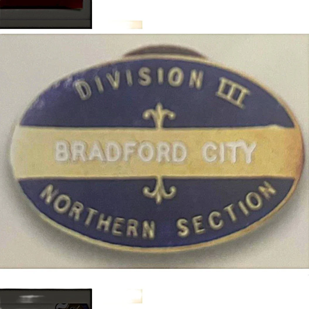 An oval badge with the words 'Division III Bedford City Northern Section' and a horizontal yellow stripe across the middle with the word 'Bedford City' on it. The badge is dark blue and gold-colored.