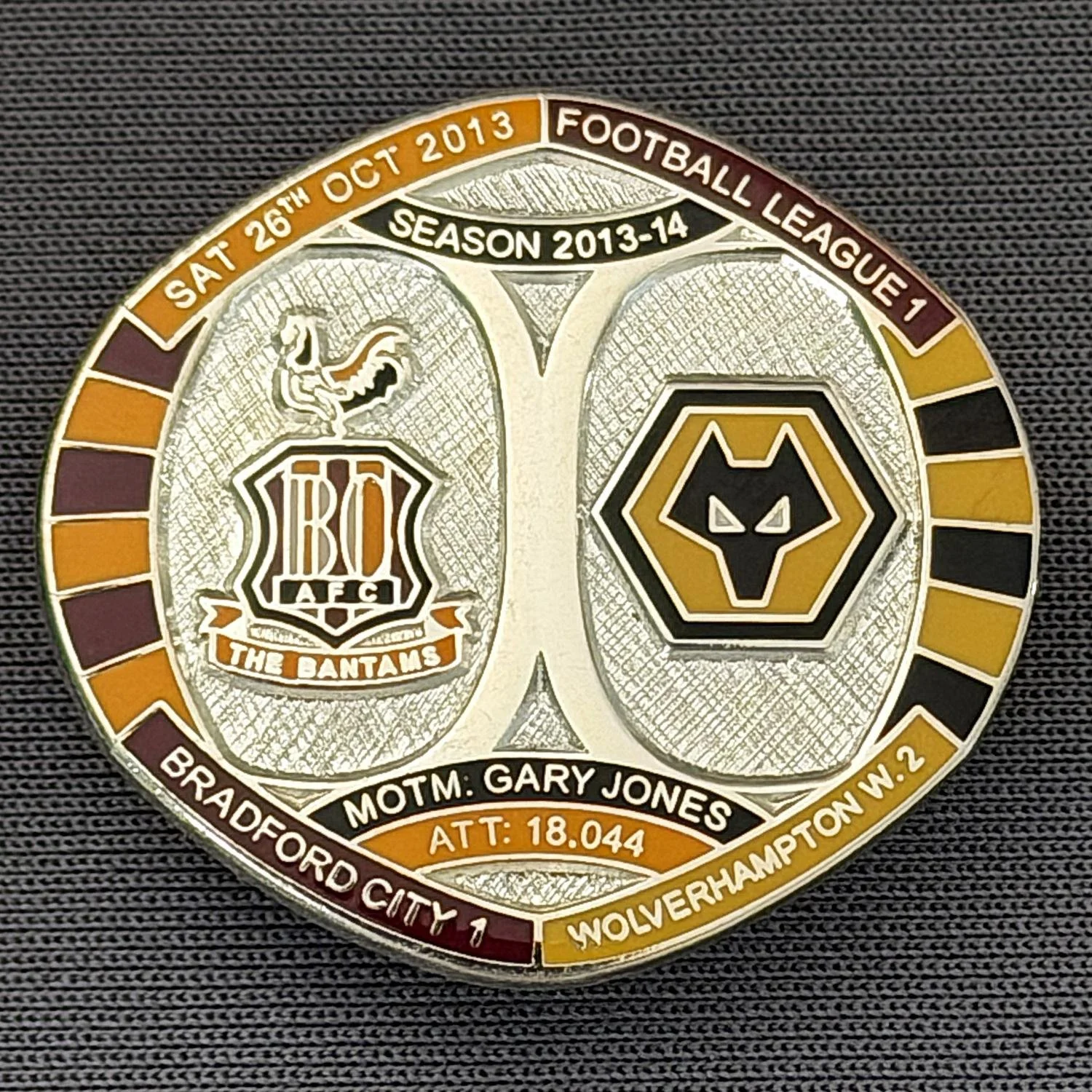 Reference Number: BCFIX214
Size: H 26.3 mm x W 28.9 mm
Pin Type: Brooch Pin
Plating: Silver
Value: £10
Manufacturer: Bradford City Badges
Comments: Bradford City v Wolverhampton Wanderers 2013/14 Limited Edition 10 Badges (Silver Version)