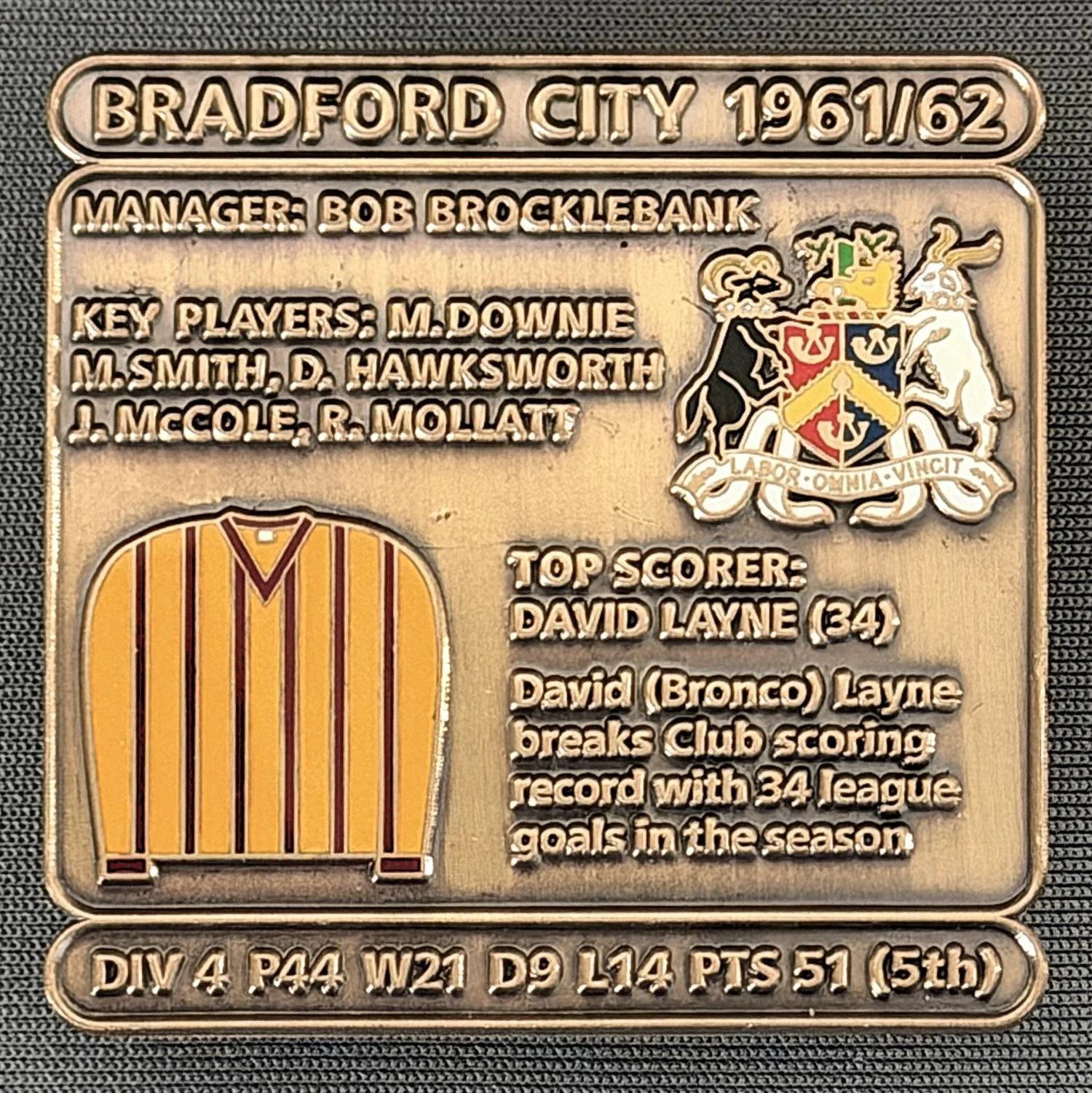 Reference Number: BCDEC118
Size: H 41.1 mm x W 42 mm
Pin Type: Double Metal Clutch
Plating: Antique Gold
Value: £8
Manufacturer: Historic Sports Badges Ltd
Comments: 1961/62 Season