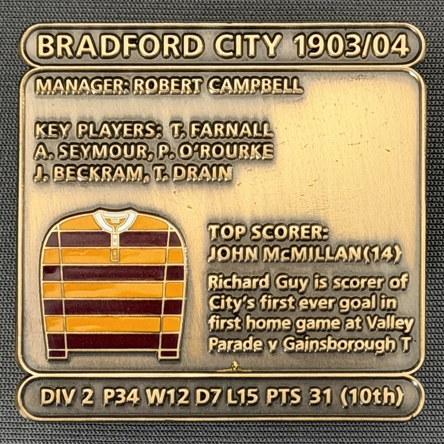 Reference Number: BCDEC002
Size: H 41.1 mm x W 42 mm
Pin Type: Double Metal Clutch
Plating: Antique Gold
Value: £8
Manufacturer: Historic Sports Badges Ltd
Comments: 1903/04 Season