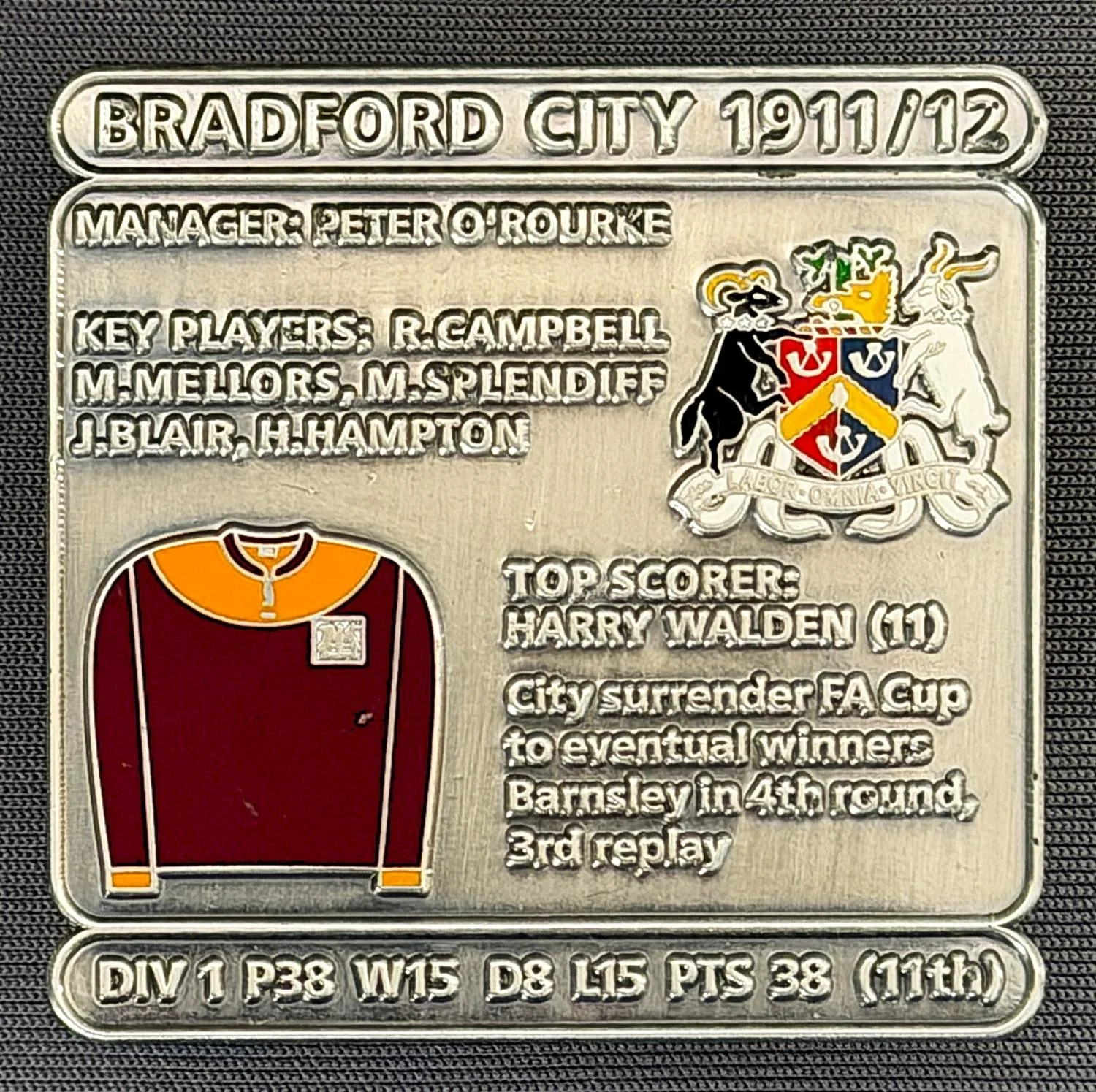 Reference Number: BCDEC028
Size: H 41.1 mm x W 42 mm
Pin Type: Double Metal Clutch
Plating: Antique Silver
Value: £8
Manufacturer: Historic Sports Badges Ltd
Comments: 1911/12 Season 