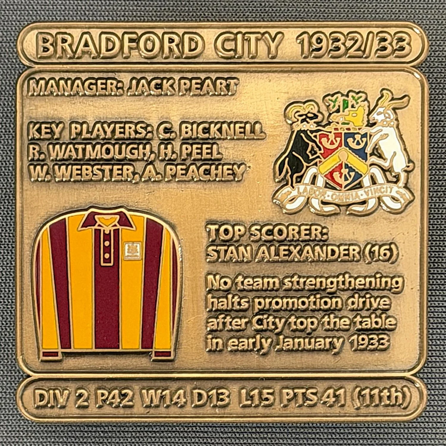 Reference Number: BCDEC059
Size: H 41.1 mm x W 42 mm
Pin Type: Double Metal Clutch
Plating: Antique Gold
Value: £8
Manufacturer: Historic Sports Badges Ltd
Comments: 1932/33 Season