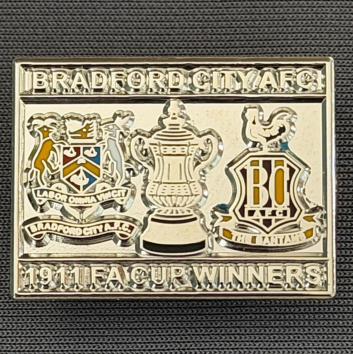 Reference Number: BCFAC041
Size: H 20.4 mm x W 26.8 mm
Pin Type: Metal Clutch
Plating: Silver
Value: £5
Manufacturer: Dan Lloyd
Comments: Bradford City 1911 F.A. Cup Winners, Silver Version, Enamel Logo