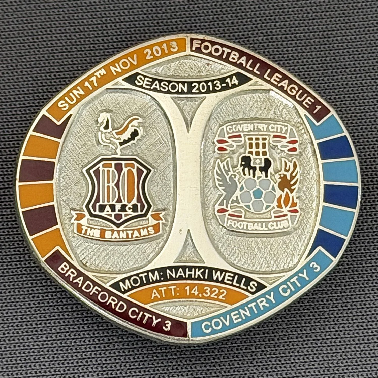 Reference Number: BCFIX215
Size: H 26.3 mm x W 28.9 mm
Pin Type: Brooch Pin
Plating: Silver
Value: £10
Manufacturer: Bradford City Badges
Comments: Bradford City v Coventry City  2013/14 Limited Edition 10 Badges (Silver Version)