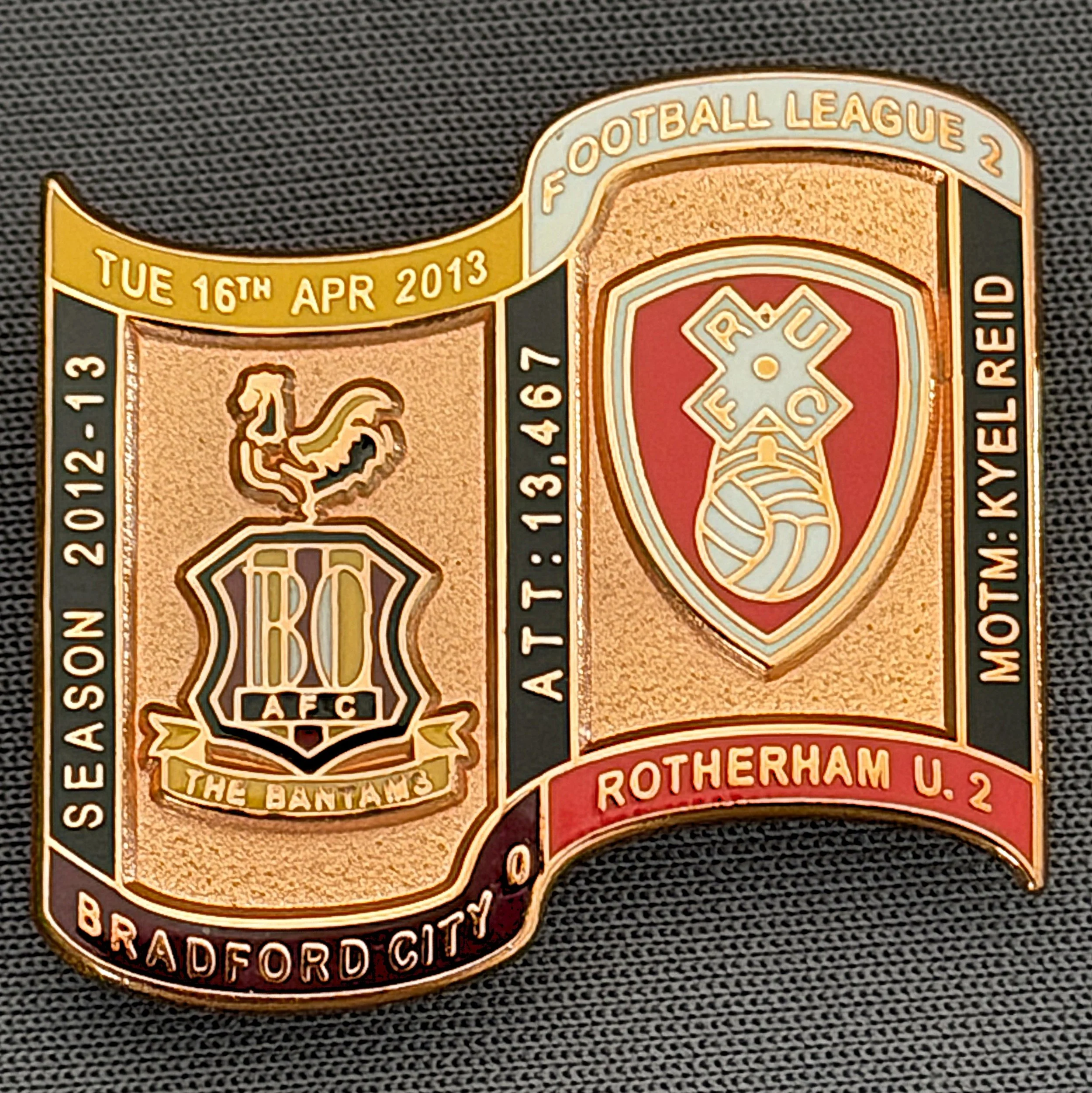 Reference Number: BCFIX182
Size: H 26.9 mm x W 29.2 mm
Pin Type: Brooch Pin
Plating: Copper
Value: £12
Manufacturer: Bradford City Badges
Comments: Bradford City v Rotherham United  2012/13 Limited Edition 1 Badge (Copper Version)