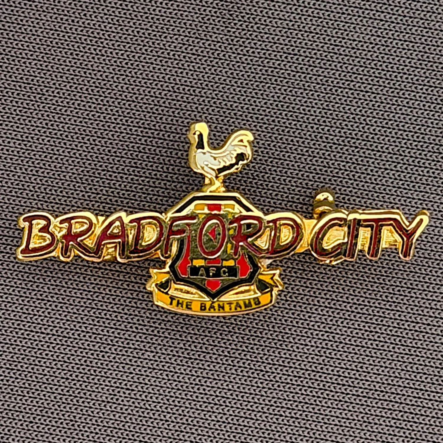 Reference Number: BCC&L044
Size: H 14 mm x 29.9 mm
Pin Type: Brooch Pin
Plating: Gold
Value: £8
Manufacturer: Unknown
Comments: Claret Bradford City Logo