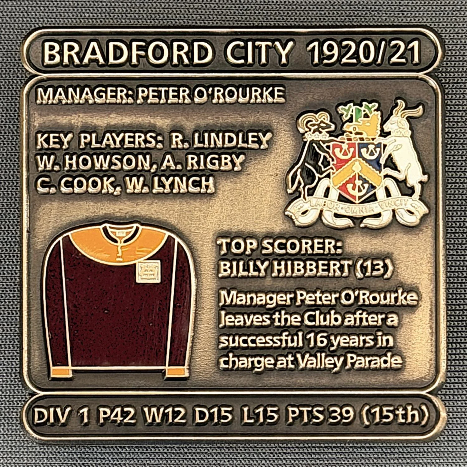 Reference Number: BCDEC037
Size: H 41.1 mm x W 42 mm
Pin Type: Double Metal Clutch
Plating: Antique Gold
Value: £8
Manufacturer: Historic Sports Badges Ltd
Comments: 1920/21 Season