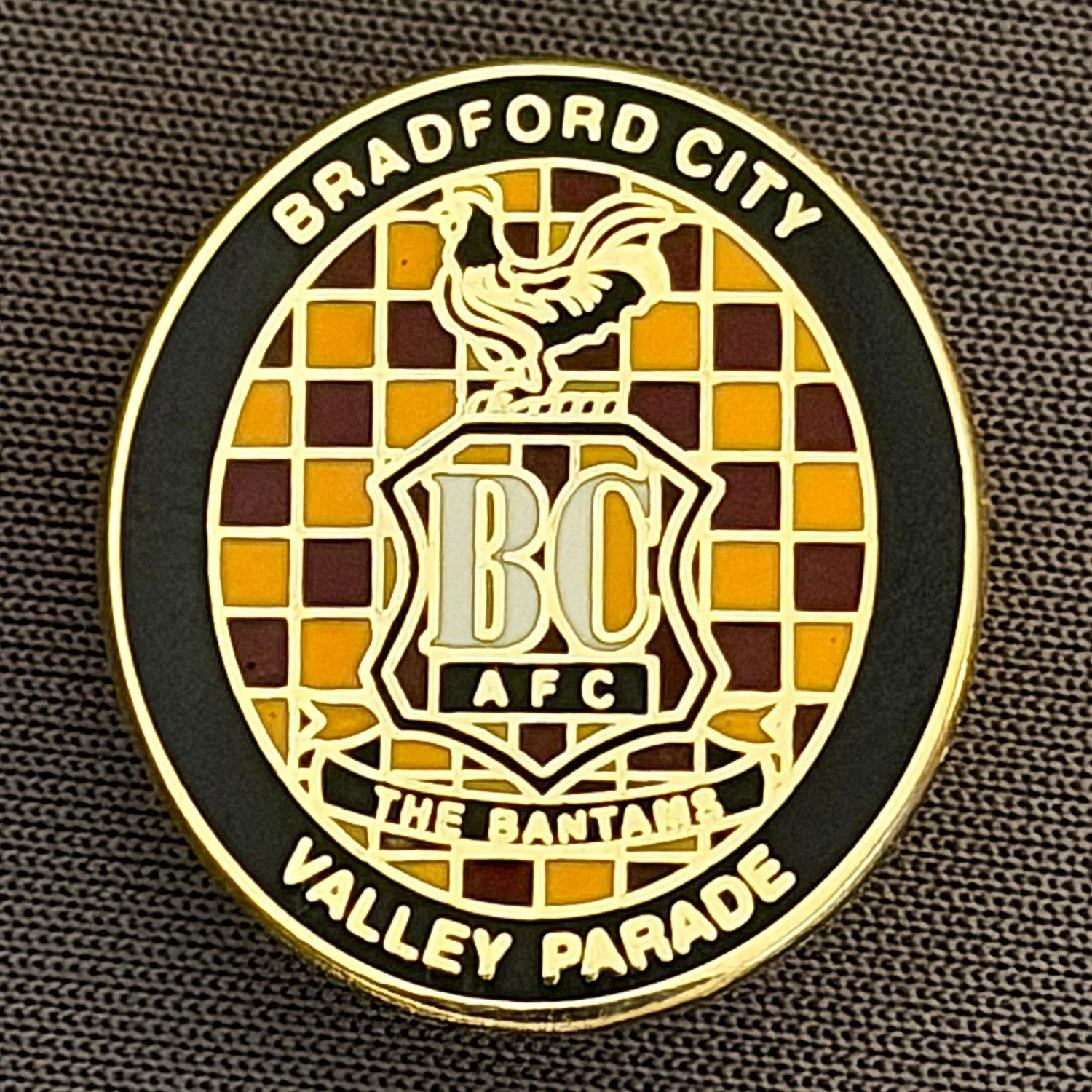 Reference Number: BCC&L100
Size: H 22.6 mm x 20.3  mm
Pin Type: Brooch Pin
Plating: Gold
Value: £6
Manufacturer: Unknown
Comments: Oval Black Check City Crest