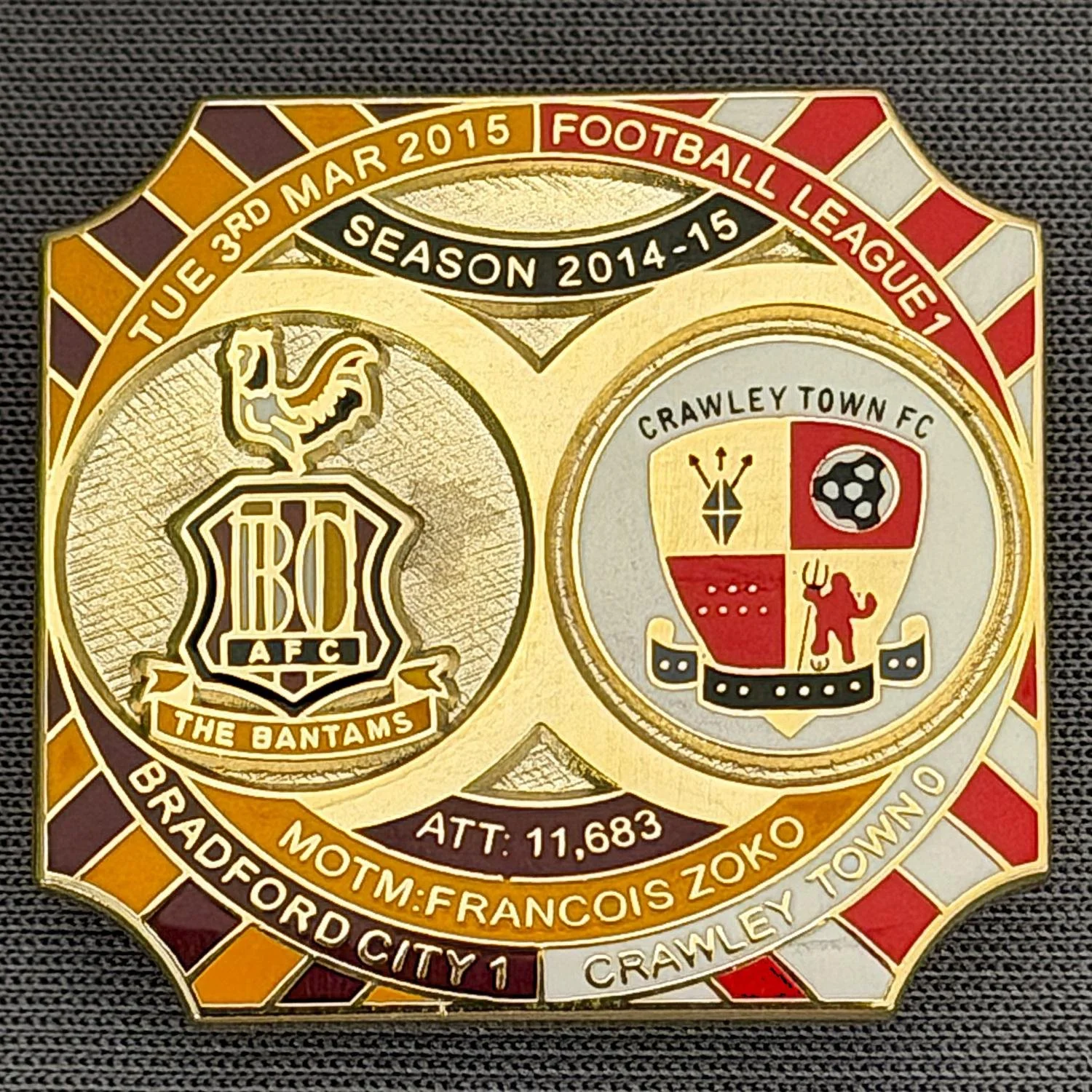 Reference Number: BCFIX270
Size: H 26.8 mm x W 28.8 mm
Pin Type: Brooch Pin
Plating: Gold
Value: £8
Manufacturer: Bradford City Badges
Comments: Bradford City v Crawley Town 2014/15, Limited Edition of 50 Badges (Gold Version)