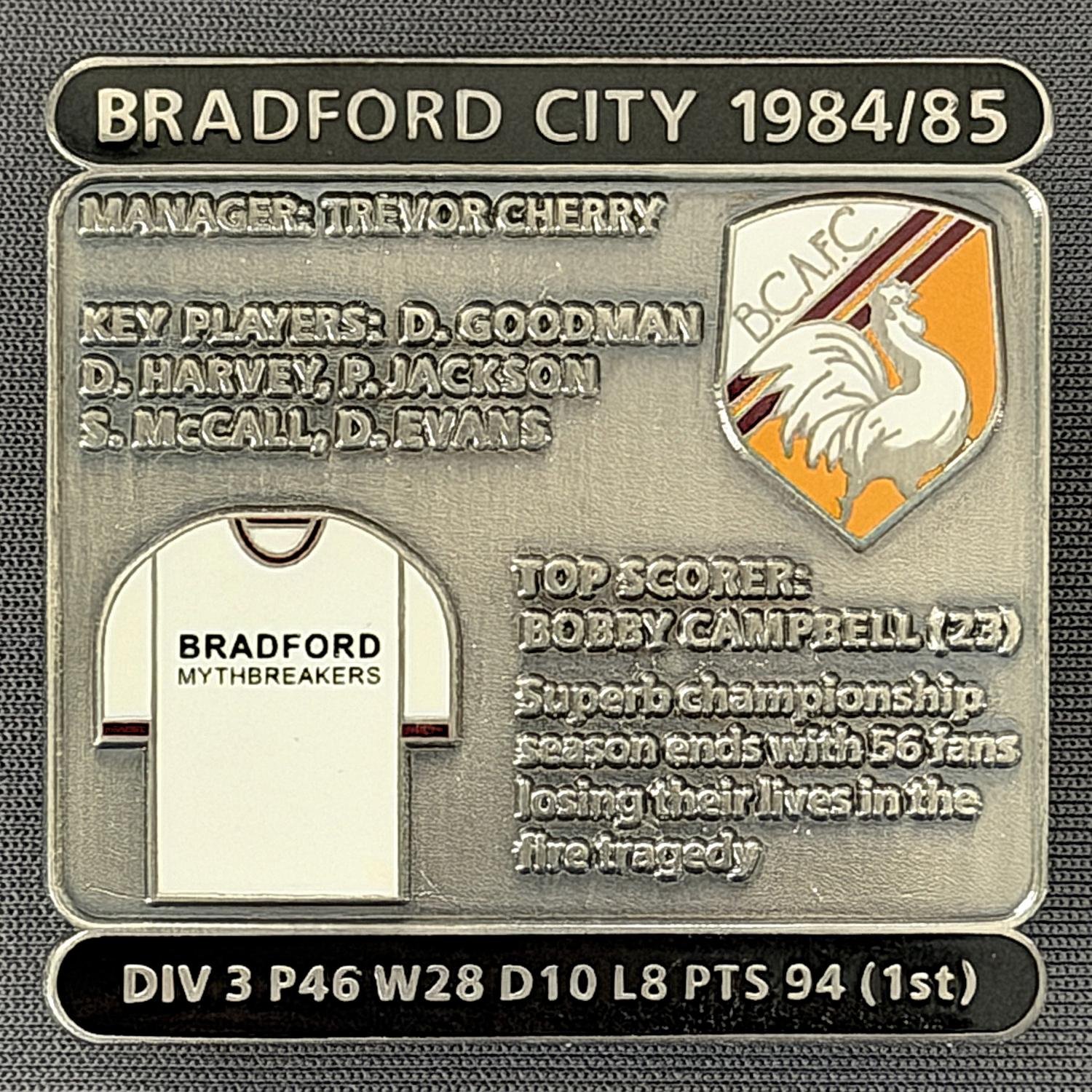 Reference Number: BCDEC171
Size: H 41.1 mm x W 42 mm
Pin Type: Double Metal Clutch
Plating: Antique Silver
Value: £8
Manufacturer: Historic Sports Badges Ltd
Comments: 1984/85 Season, Bradford City Fire