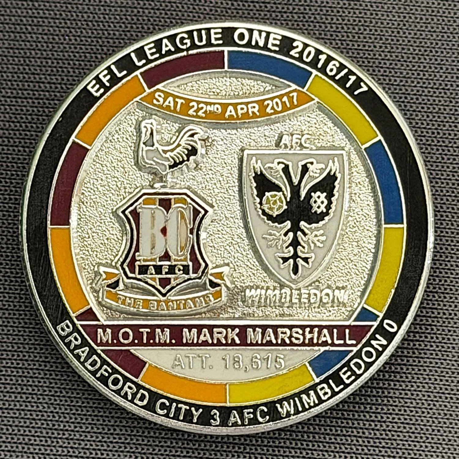 Reference Number: BCFIX414
Size: D 29.4 mm
Pin Type: Brooch Pin
Plating: Nickel
Value: £10
Manufacturer: Bradford City Badges
Comments: Bradford City v AFC Wimbledon 2016/17, Limited Edition of 10 Badges (Nickel Version)