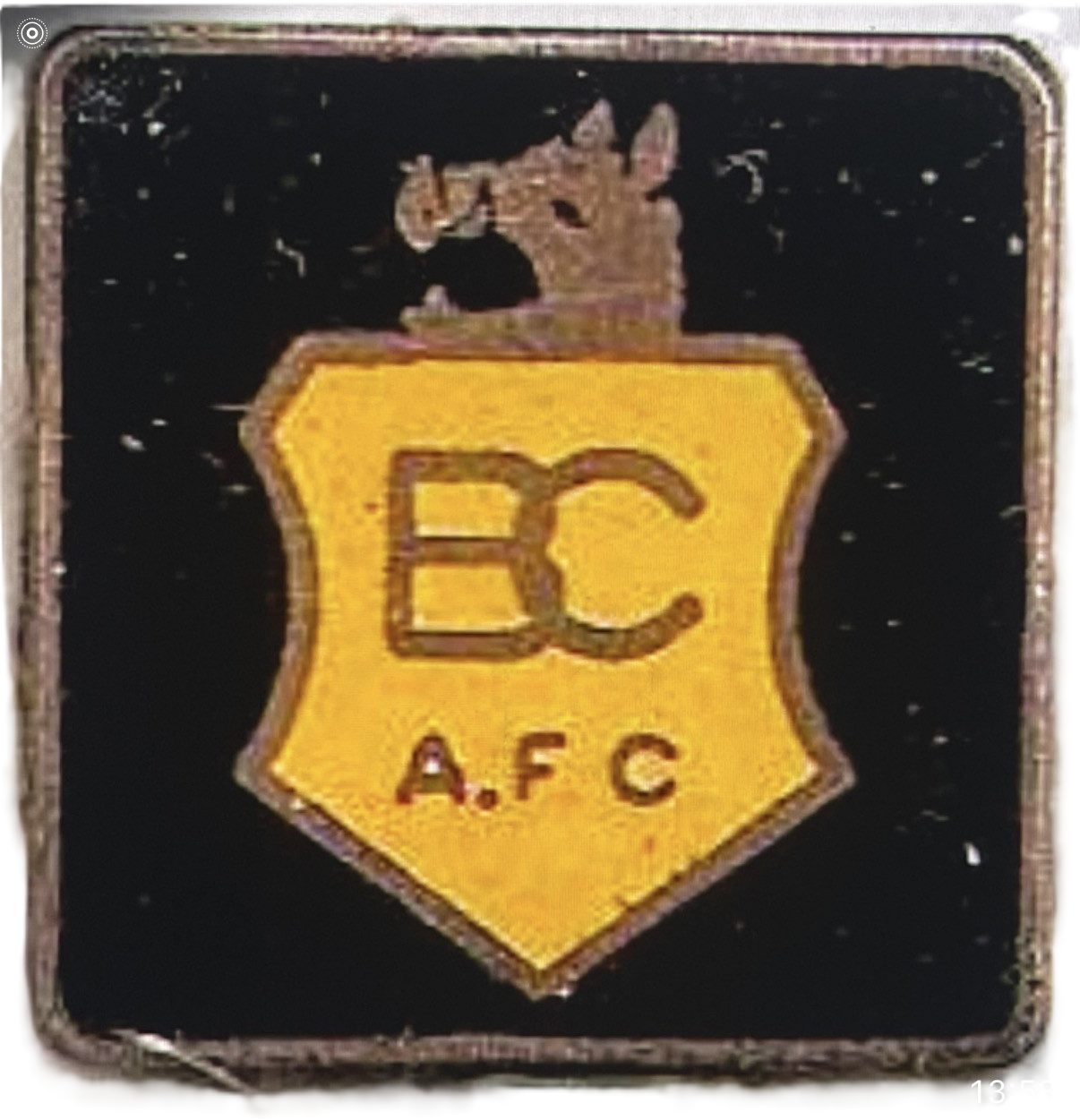 Close-up of a black and yellow badge with a dog's head silhouette at the top, and the letters 'BC' inside a shield shape. Below, the text reads 'A.F.C'.