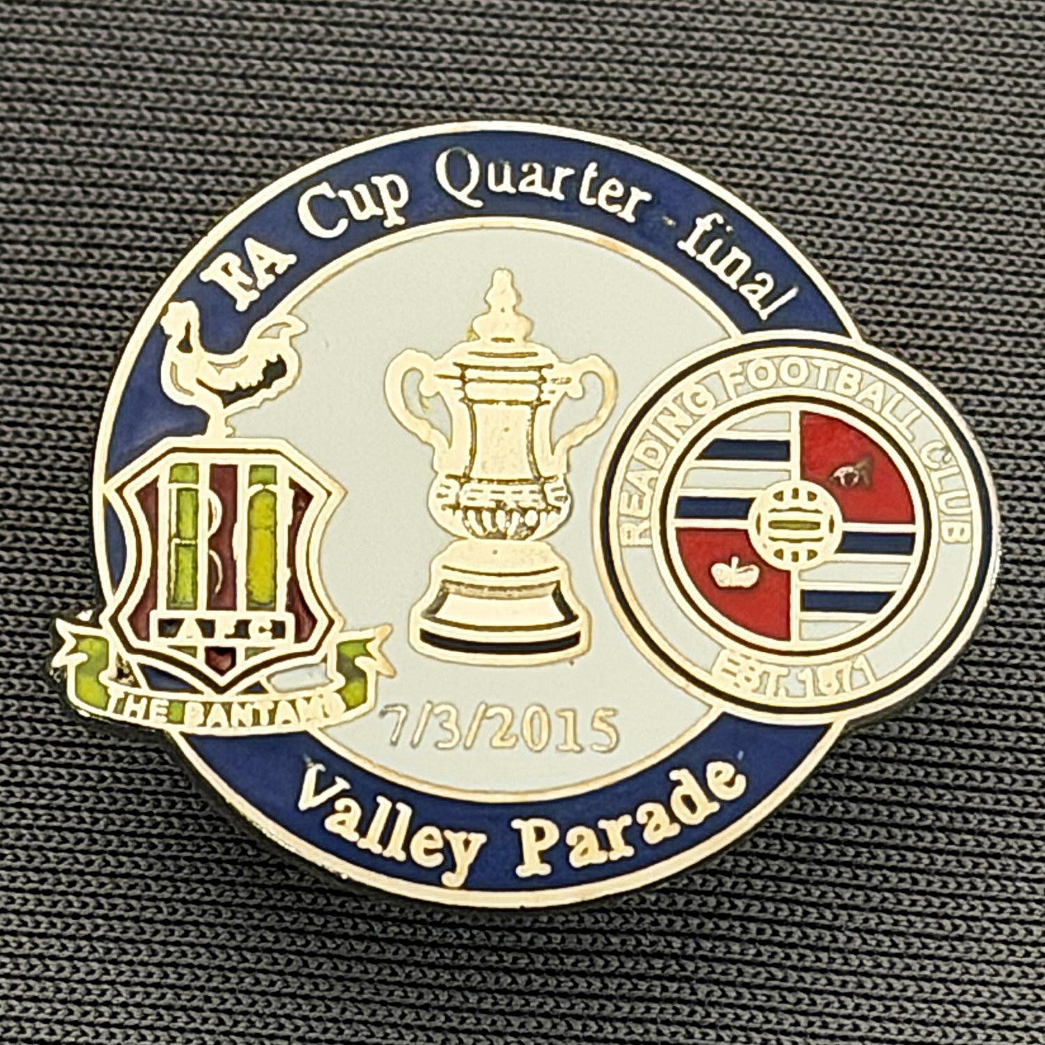 Reference Number: BCFAC117
Size: H 21.8 mm x W 25.5 mm
Pin Type: Metal Clutch
Plating: Silver
Value: £4
Manufacturer: Dan Lloyd
Comments: F.A. Cup Quarter Final 2014/15, v Reading, Blue & White Version