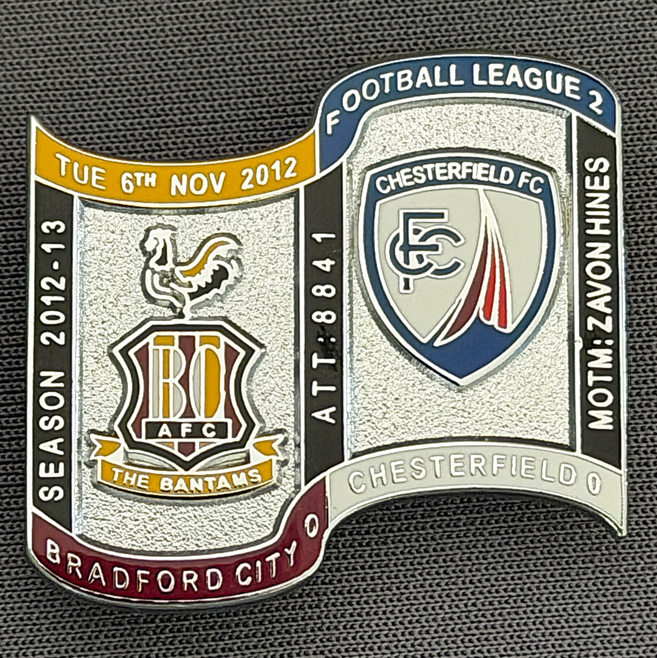 Reference Number: BCFIX146
Size: H 26.9 mm x W 29.2 mm
Pin Type: Brooch Pin
Plating: Chrome
Value: £10
Manufacturer: Bradford City Badges
Comments: Bradford City v Chesterfield  2012/13 Limited Edition 10 Badges (Silver Version)
