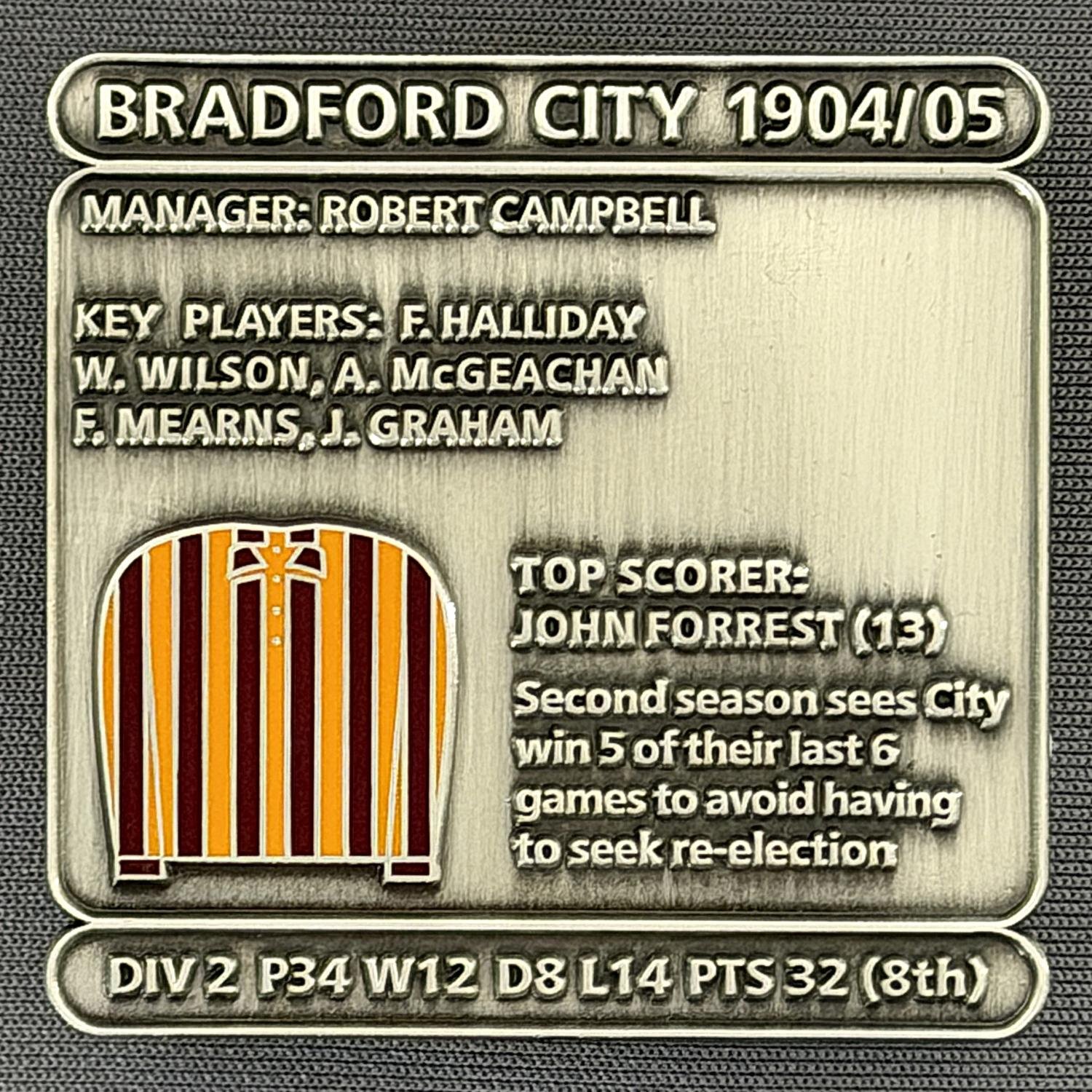 Reference Number: BCDEC011
Size: H 41.1 mm x W 42 mm
Pin Type: Double Metal Clutch
Plating: Antique Silver
Value: £8
Manufacturer: Historic Sports Badges Ltd
Comments: 1904/05 Season