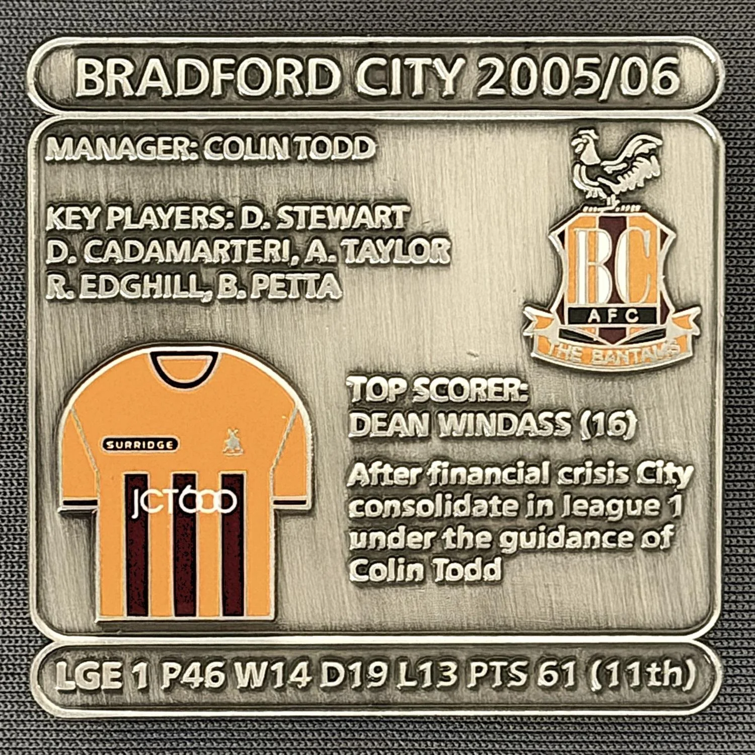 Reference Number: BCDEC212
Size: H 41.1 mm x W 42 mm
Pin Type: Double Metal Clutch
Plating: Antique Silver
Value: £8
Manufacturer: Historic Sports Badges Ltd
Comments: 2005/06 Season
