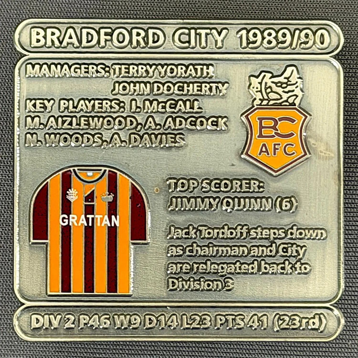 Reference Number: BCDEC176
Size: H 41.1 mm x W 42 mm
Pin Type: Double Metal Clutch
Plating: Antique Silver
Value: £8
Manufacturer: Historic Sports Badges Ltd
Comments: 1989/90 Season