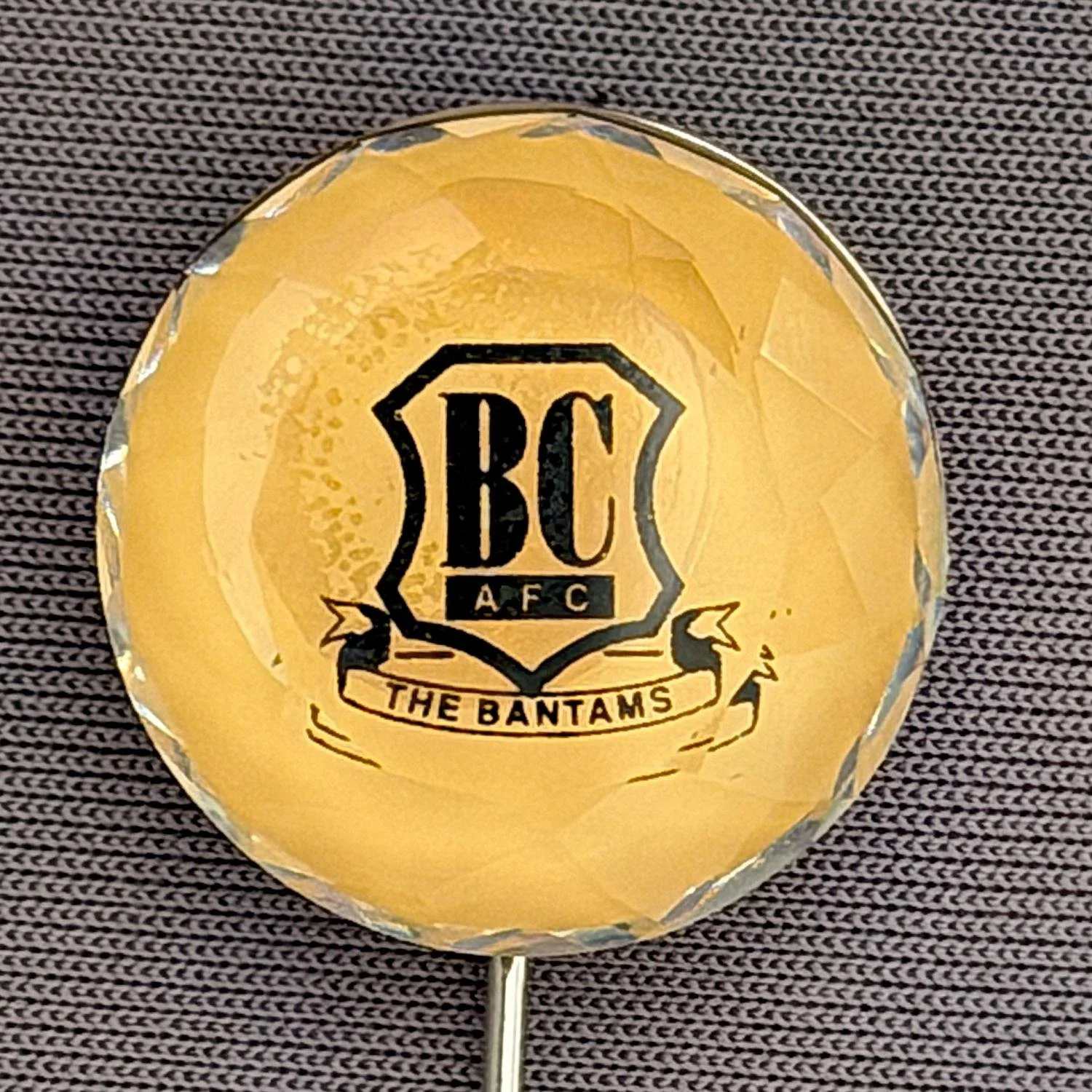 Reference Number: BCC&L040
Size: D 19.6 mm
Pin Type: Stick Pin
Plating: Silver
Value: £20
Manufacturer: Unknown
Comments: Glass Domed Amber City Logo