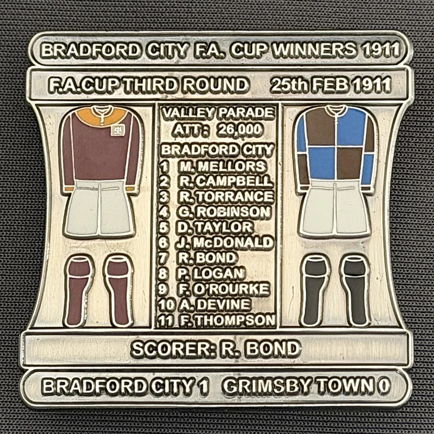 Reference Number: BCFAC005
Size: H 41.8 mm x W 42.2 mm
Pin Type: Double Metal Clutch
Plating: Antique Silver
Value: £12
Manufacturer: Bradford City Badges
Comments: 1911 F.A. Cup Third Round v Grimsby, Limited Edition of 30