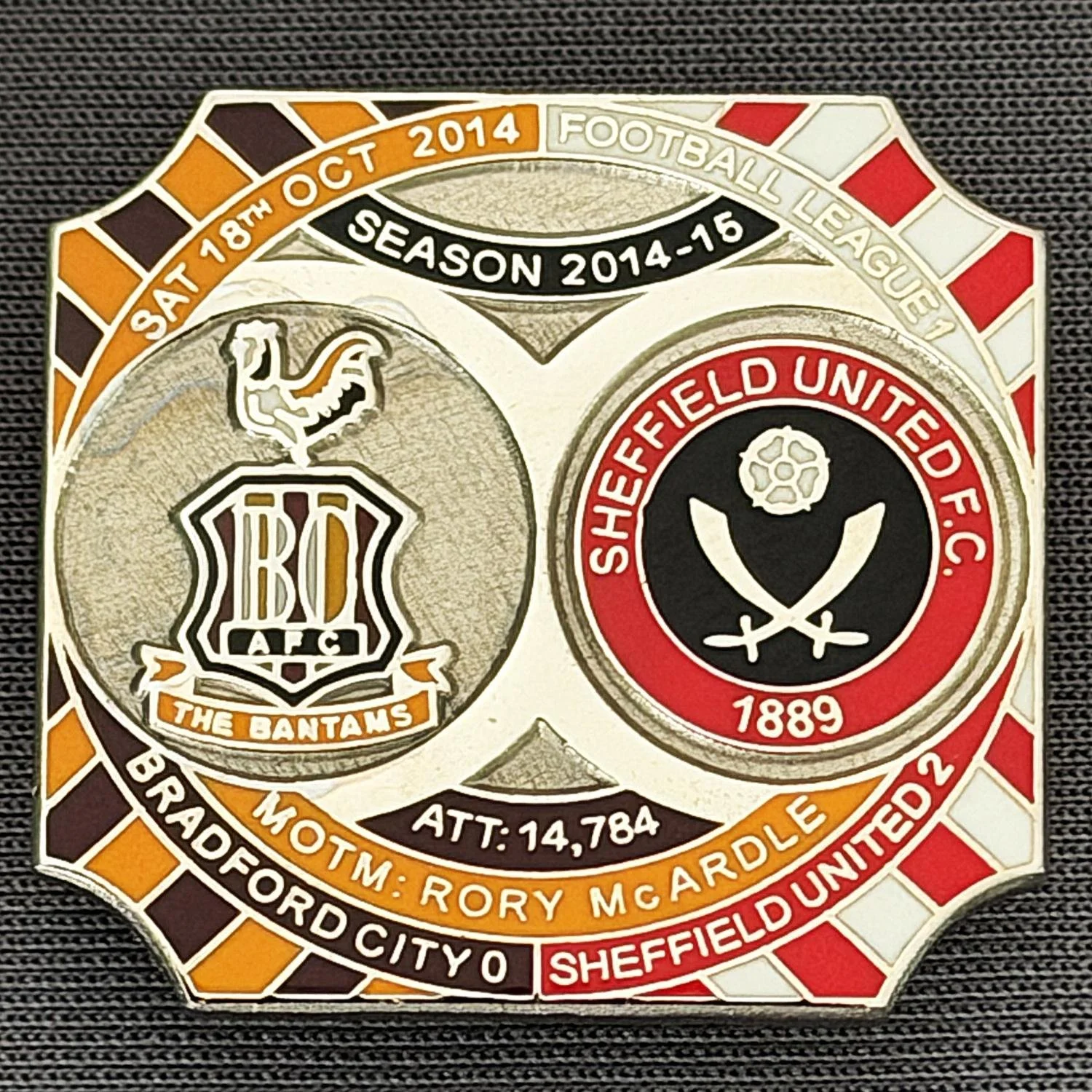 Reference Number: BCFIX283
Size: H 26.8 mm x W 28.8 mm
Pin Type: Brooch Pin
Plating: Nickel
Value: £10
Manufacturer: Bradford City Badges
Comments: Bradford City v Sheffield United 2014/15, Limited Edition of 10 Badges (Nickel Version)