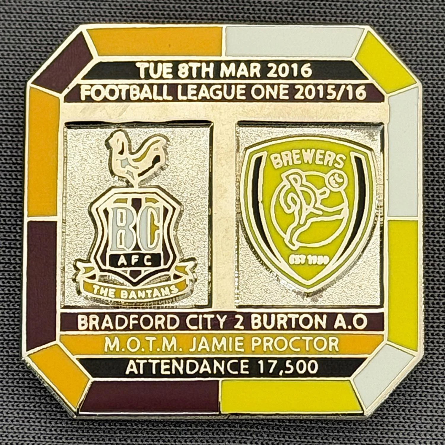 Reference Number: BCFIX362
Size: H 29.8 mm x W 29.8 mm
Pin Type: Brooch Pin
Plating: Gold
Value: £10
Manufacturer: Bradford City Badges
Comments: Bradford City v Burton Albion 2015/16, Limited Edition of 10 Badges (Silver Version)