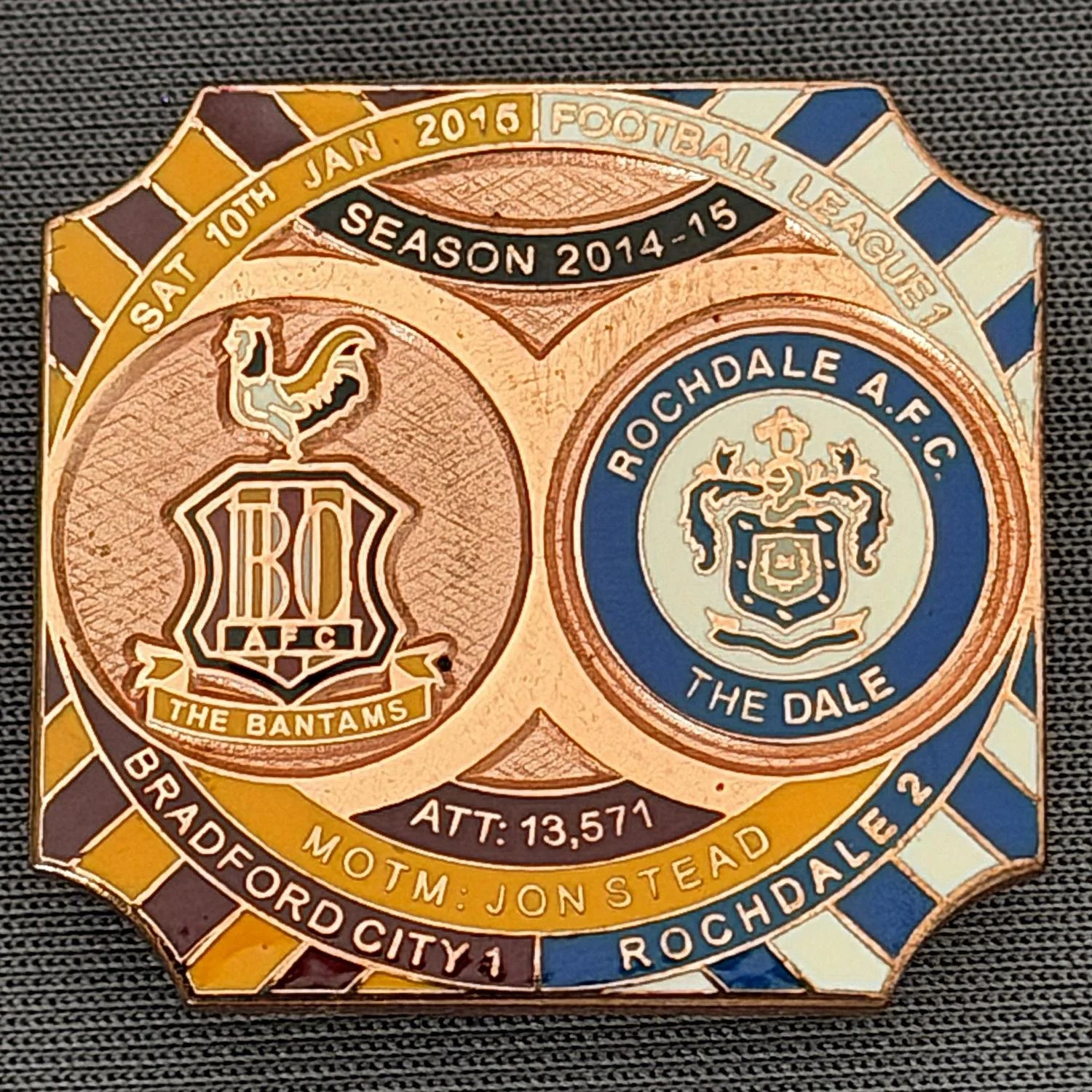 Reference Number: BCFIX312
Size: H 26.8 mm x W 28.8 mm
Pin Type: Brooch Pin
Plating: Copper
Value: £12
Manufacturer: Bradford City Badges
Comments: Bradford City v Rochdale 2014/15, Limited Edition of 1 Badge (Copper Version)