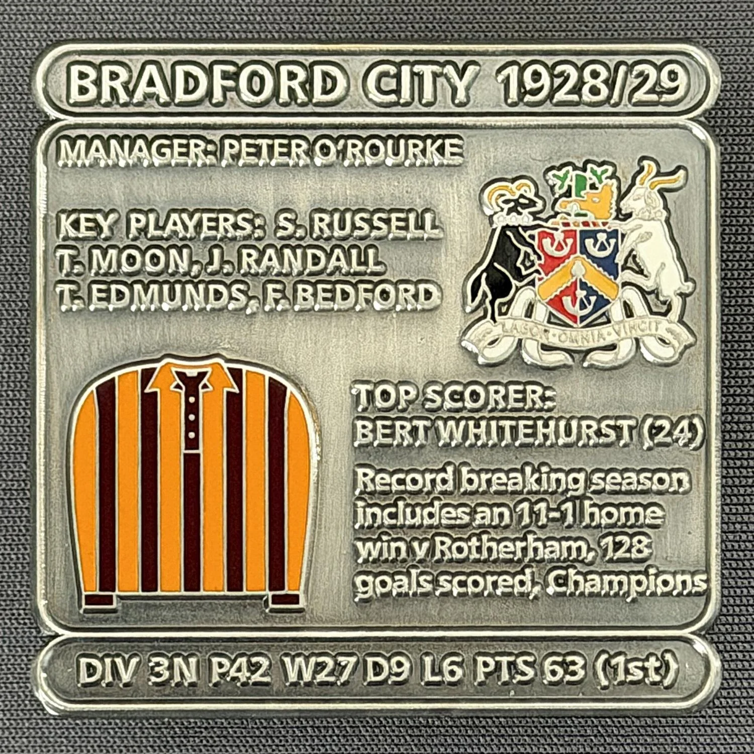 Reference Number: BCDEC055
Size: H 41.1 mm x W 42 mm
Pin Type: Double Metal Clutch
Plating: Antique Silver
Value: £8
Manufacturer: Historic Sports Badges Ltd
Comments: 1928/29 Season
