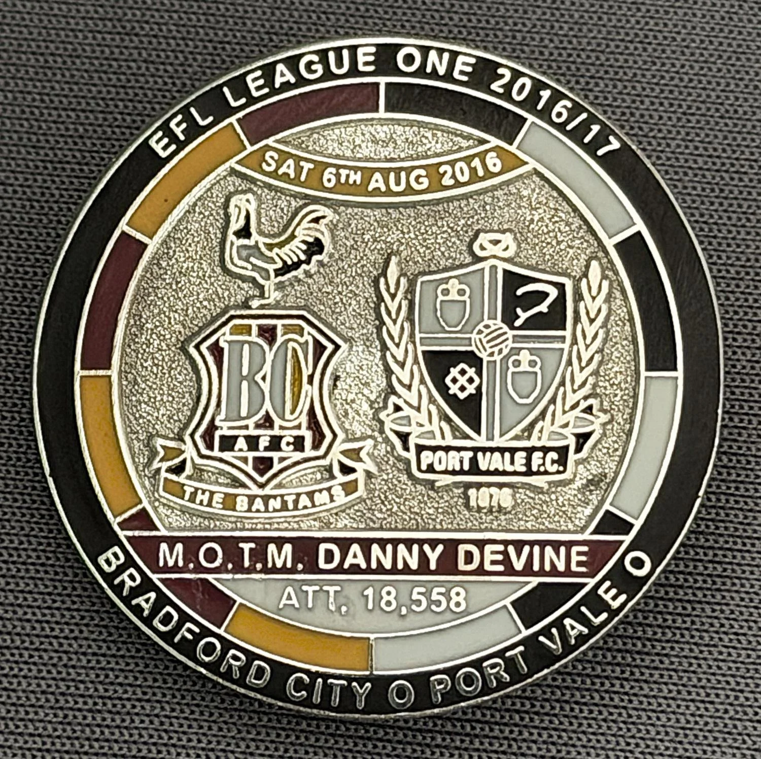 Reference Number: BCFIX392
Size: D 29.4 mm
Pin Type: Brooch Pin
Plating: Nickel
Value: £10
Manufacturer: Bradford City Badges
Comments: Bradford City v Port Vale  2016/17, Limited Edition of 10 Badges (Nickel Version)