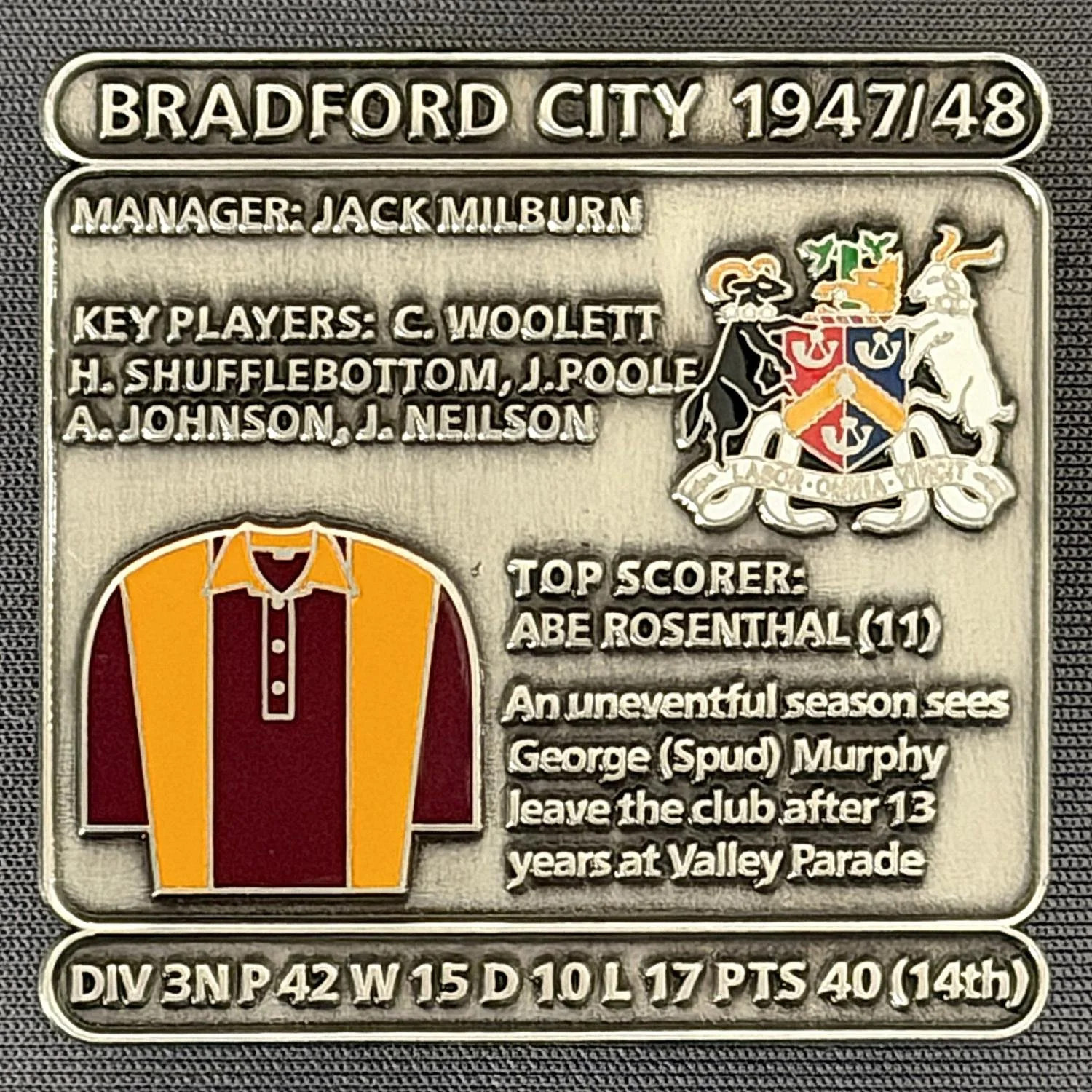 Reference Number: BCDEC094
Size: H 41.1 mm x W 42 mm
Pin Type: Double Metal Clutch
Plating: Antique Silver
Value: £8
Manufacturer: Historic Sports Badges Ltd
Comments: 1947/48 Season