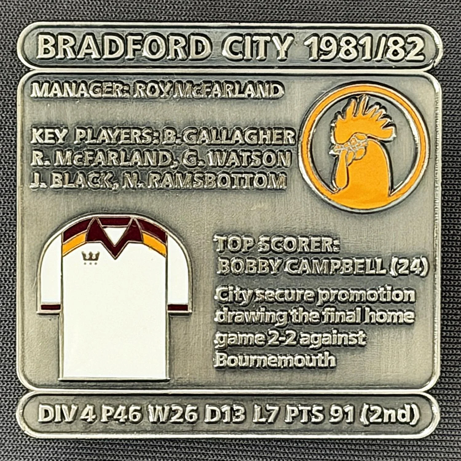Reference Number: BCDEC168
Size: H 41.1 mm x W 42 mm
Pin Type: Double Metal Clutch
Plating: Antique Silver
Value: £8
Manufacturer: Historic Sports Badges Ltd
Comments: 1981/82 Promotion Season