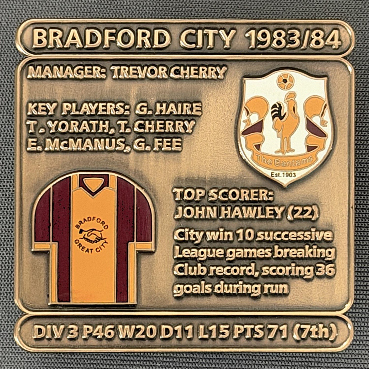 Reference Number: BCDEC160
Size: H 41.1 mm x W 42 mm
Pin Type: Double Metal Clutch
Plating: Antique Gold
Value: £8
Manufacturer: Historic Sports Badges Ltd
Comments: 1983/84 Season