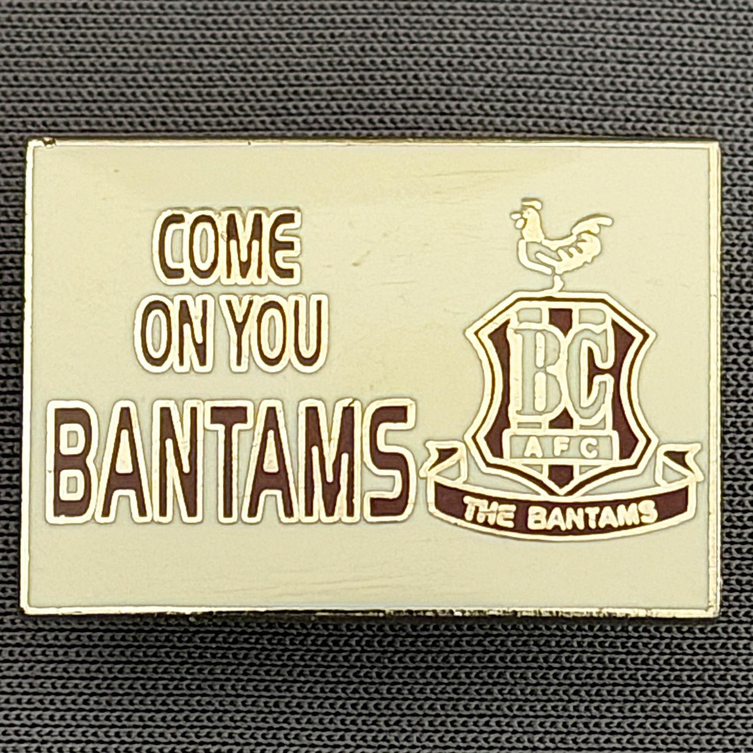 Reference Number: BCBCFC034
Size: H 17.6 mm x W 25.1 mm
Pin Type: Metal Clutch
Plating: Silver
Value: £6
Manufacturer: Unknown
Comments: Come On You Bantams