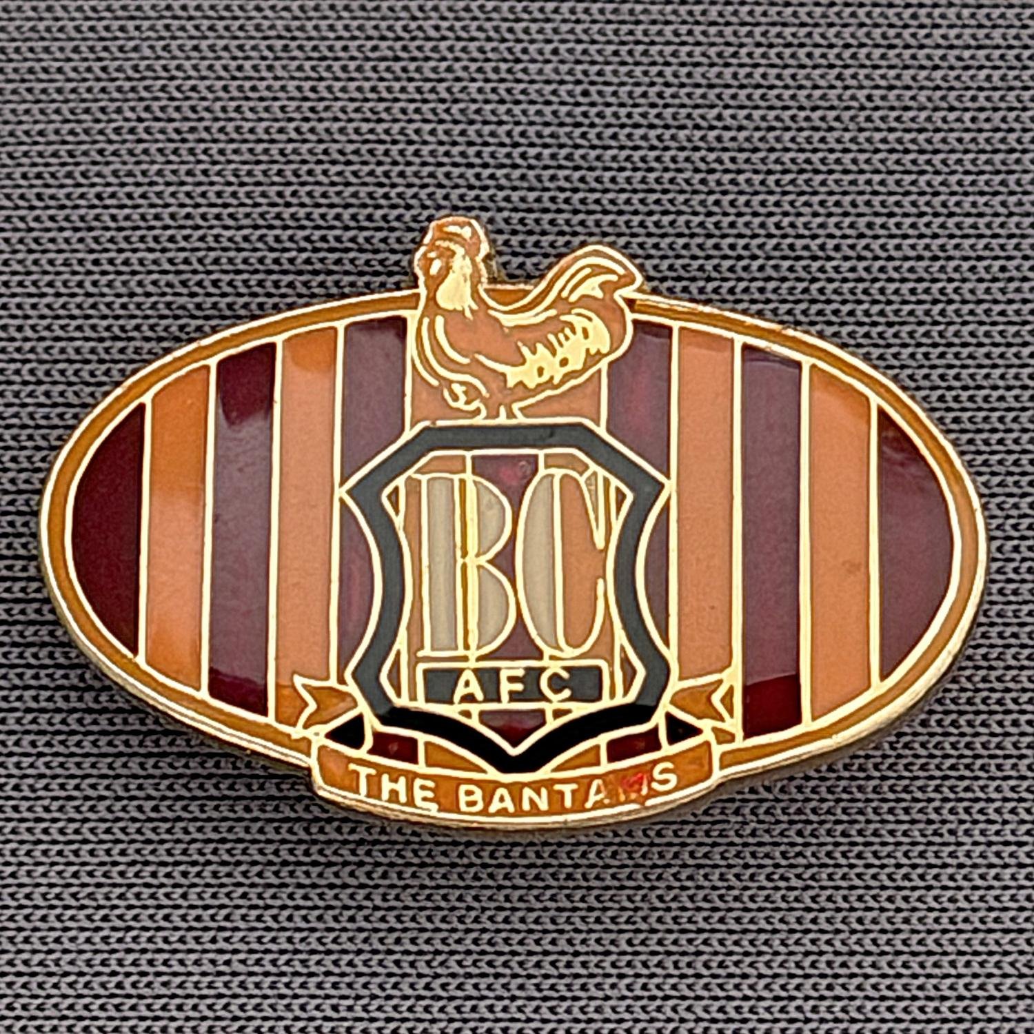 Reference Number: BCC&L039
Size: H 16.6 mm x 25 mm
Pin Type: Brooch Pin
Plating: Gold
Value: £8
Manufacturer: Unknown
Comments: Oval Claret & Amber Stripes City Logo