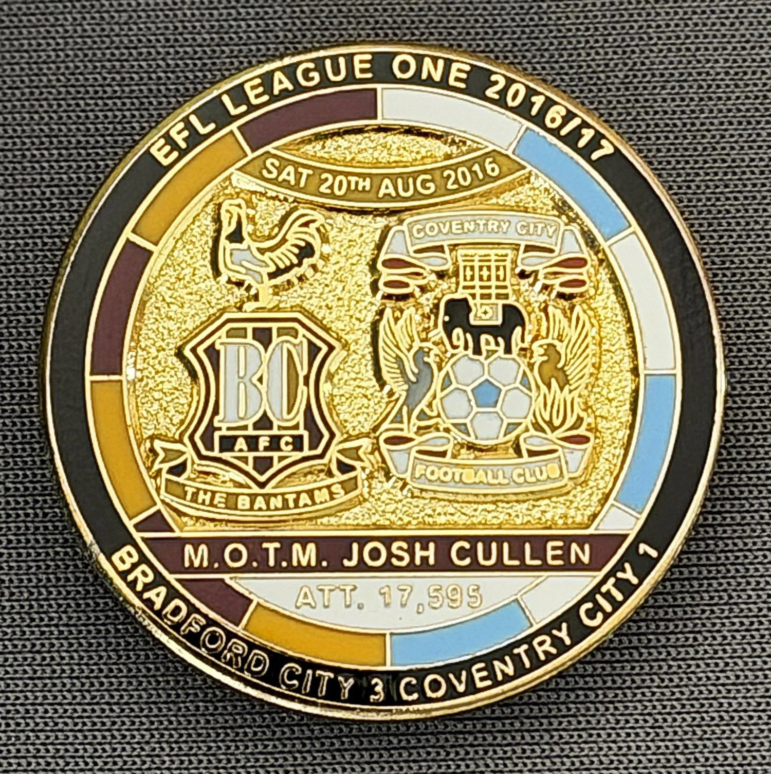 Reference Number: BCFIX370
Size: D 29.4 mm
Pin Type: Brooch Pin
Plating: Gold
Value: £8
Manufacturer: Bradford City Badges
Comments: Bradford City v Coventry City 2015/16, Limited Edition of 50 Badges (Gold Version)