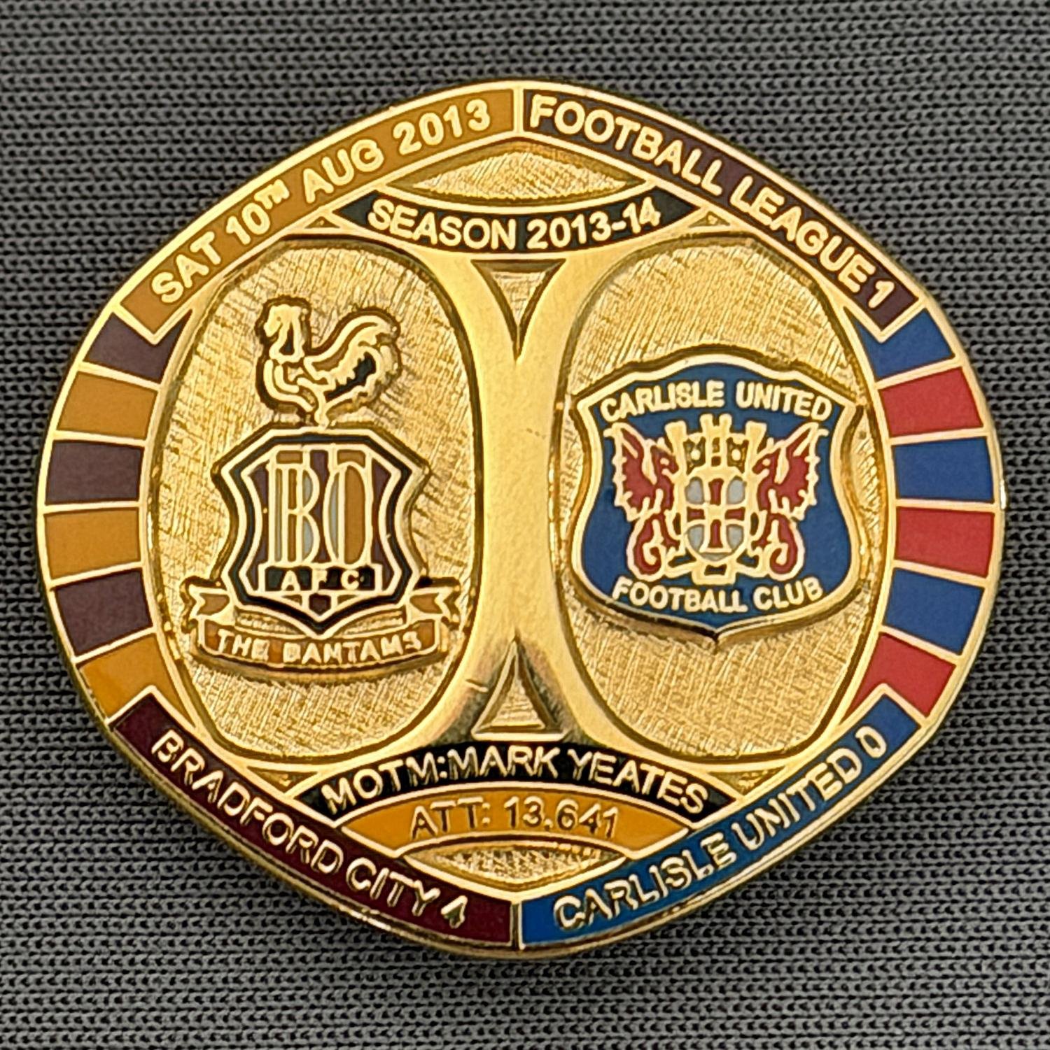 Reference Number: BCFIX185
Size: H 26.3 mm x W 28.9 mm
Pin Type: Brooch Pin
Plating: Gold
Value: £8
Manufacturer: Bradford City Badges
Comments: Bradford City v Carlisle United 2013/14 Limited Edition 55 Badges