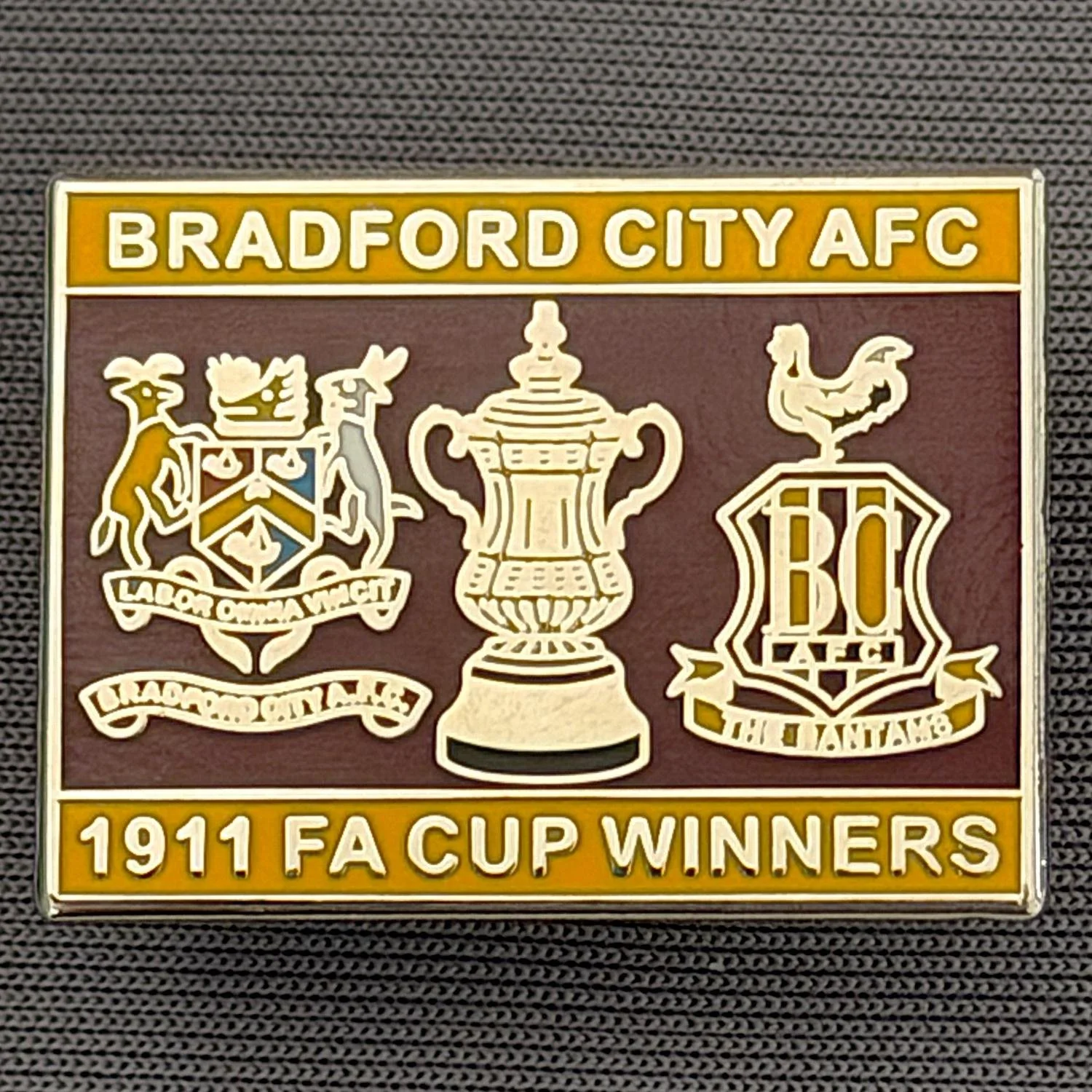Reference Number: BCFAC035
Size: H 20.4 mm x W 26.8 mm
Pin Type: Metal Clutch
Plating: Silver
Value: £5
Manufacturer: Dan Lloyd
Comments: Bradford City 1911 F.A. Cup Winners, Amber & Claret Version