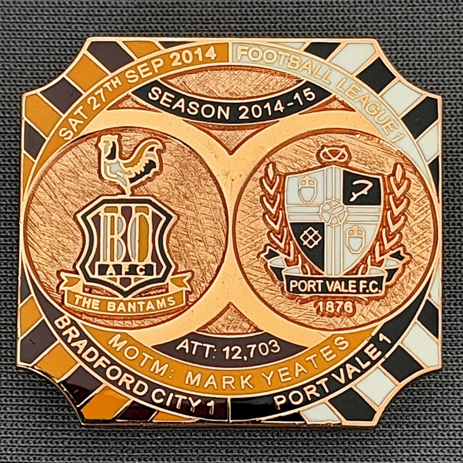 Reference Number: BCFIX304
Size: H 26.8 mm x W 28.8 mm
Pin Type: Brooch Pin
Plating: Copper
Value: £12
Manufacturer: Bradford City Badges
Comments: Bradford City v Port Vale 2014/15, Limited Edition of 1 Badge (Copper Version)