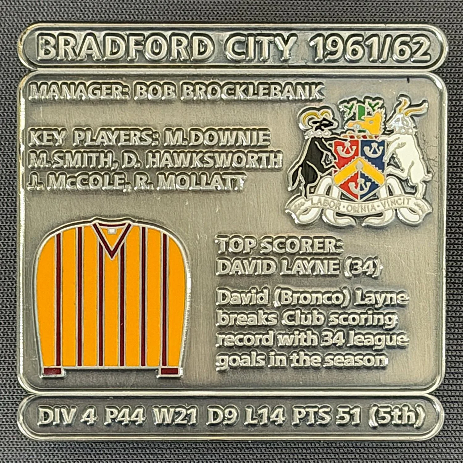 Reference Number: BCDEC128
Size: H 41.1 mm x W 42 mm
Pin Type: Double Metal Clutch
Plating: Antique Silver
Value: £8
Manufacturer: Historic Sports Badges Ltd
Comments: 1961/62 Season