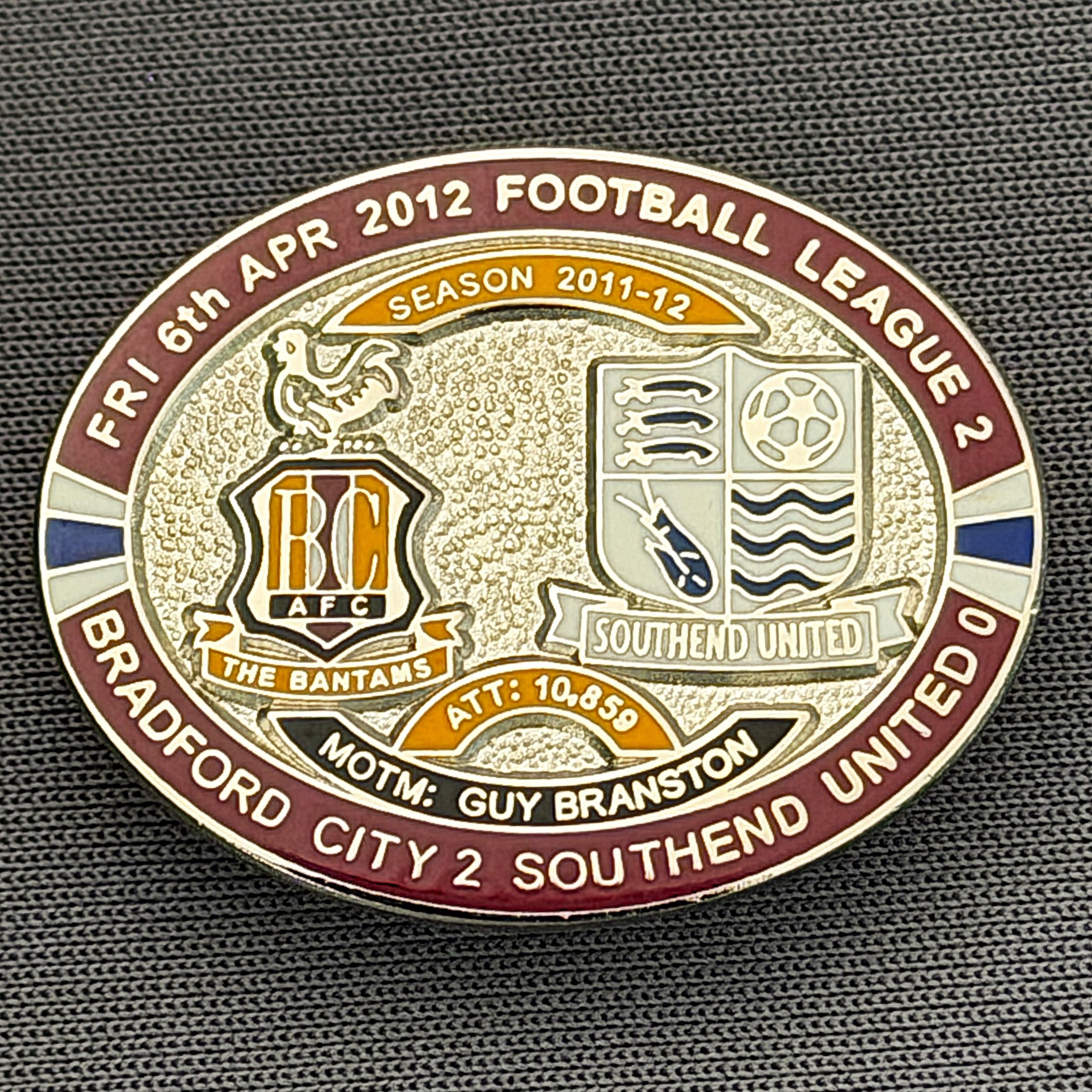 Reference Number: BCFIX113
Size: H 23.6 mm x W 28.7 mm
Pin Type: Brooch Pin
Plating: Silver
Value: £10
Manufacturer: Bradford City Badges
Comments: Bradford City v Southend United  2011/12 Limited Edition 20 Badges (Silver Version)