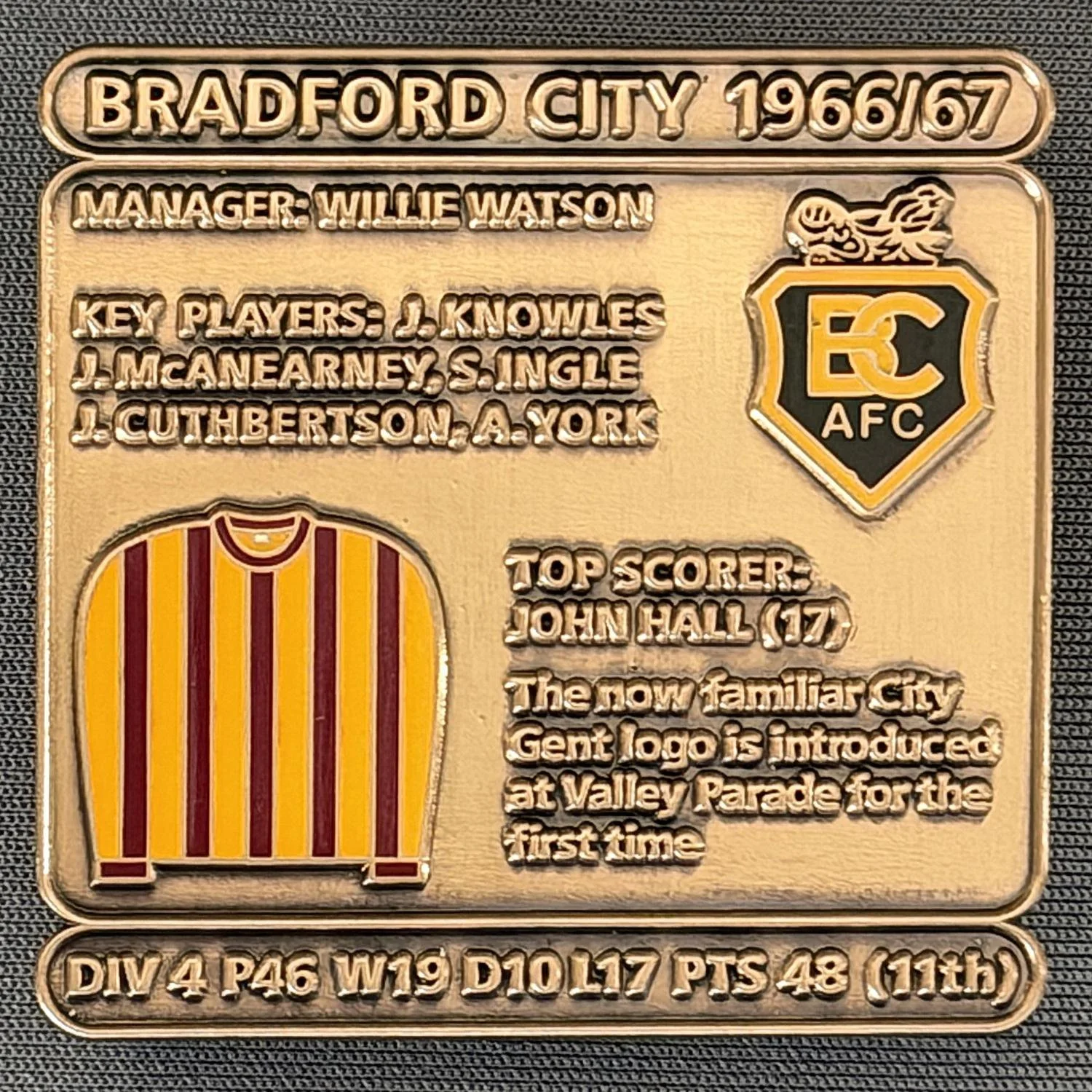 Reference Number: BCDEC123
Size: H 41.1 mm x W 42 mm
Pin Type: Double Metal Clutch
Plating: Antique Gold
Value: £8
Manufacturer: Historic Sports Badges Ltd
Comments: 1966/67 Season