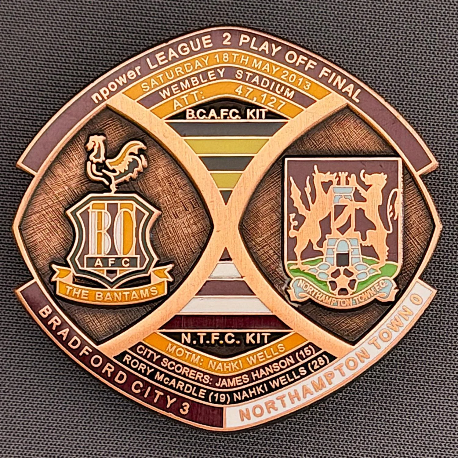 Reference Number: BCOFIX012
Size: H 40 mm x W 42.1 mm
Pin Type: Brooch Pin
Plating: Antique Copper
Value: £15
Manufacturer: Bradford City Badges
Comments: League 2 Play Off Final v Northampton Town 2013, Limited Edition 1