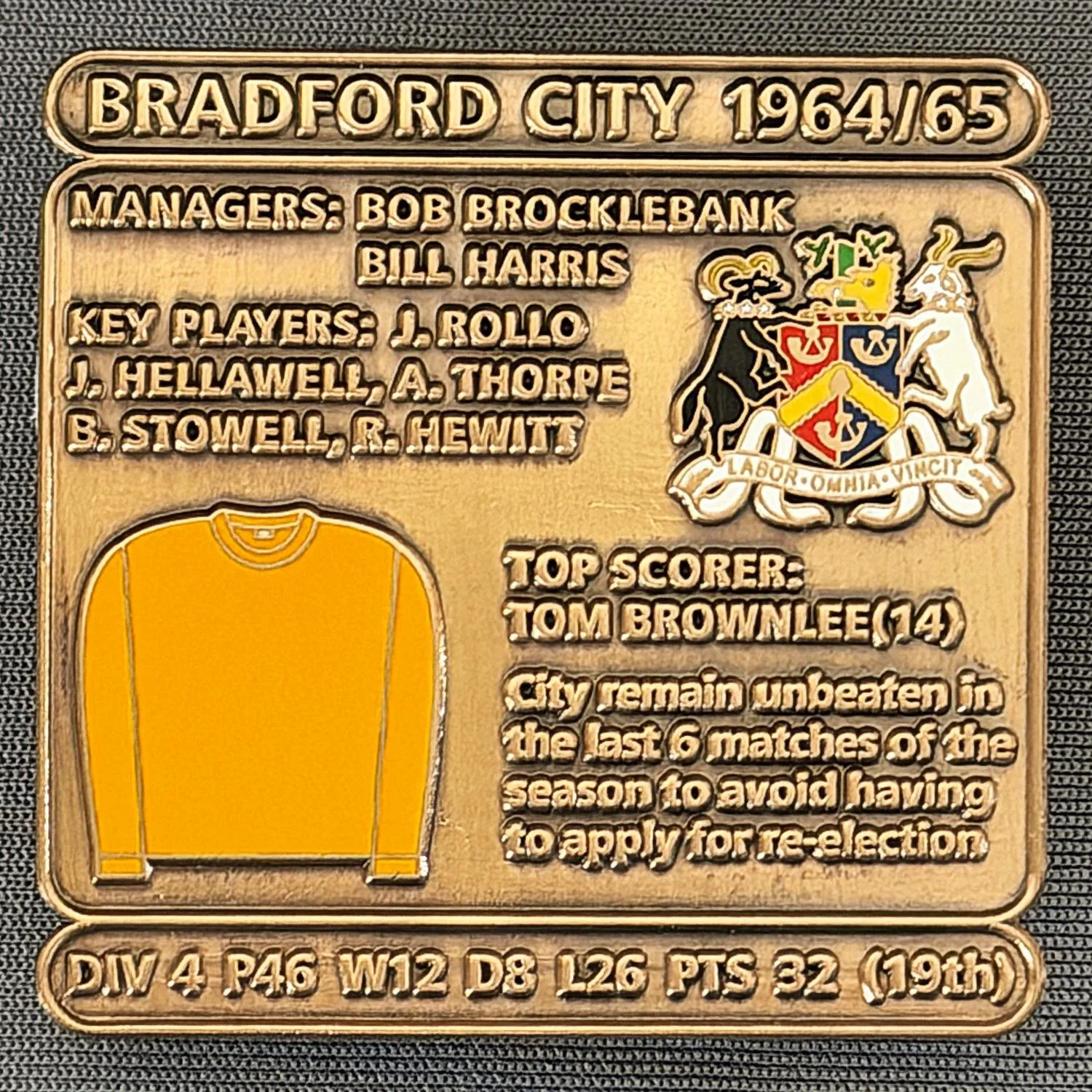 Reference Number: BCDEC121
Size: H 41.1 mm x W 42 mm
Pin Type: Double Metal Clutch
Plating: Antique Gold
Value: £8
Manufacturer: Historic Sports Badges Ltd
Comments: 1964/65 Season