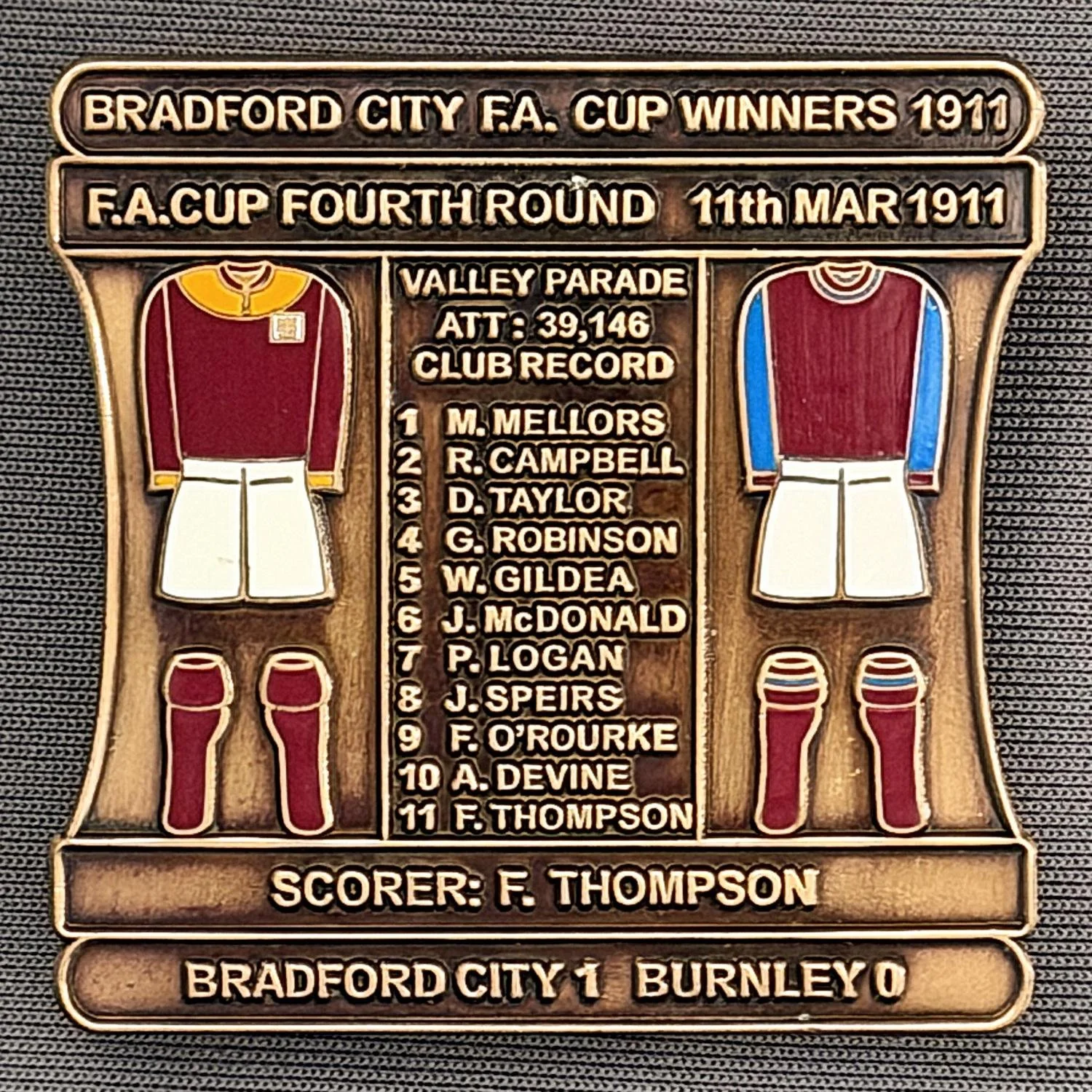 Reference Number: BCFAC013
Size: H 41.8 mm x W 42.2 mm
Pin Type: Double Metal Clutch
Plating: Antique Gold
Value: £15
Manufacturer: Bradford City Badges
Comments: 1911 F.A. Cup Fourth Round v Burnley, Limited Edition of 1
