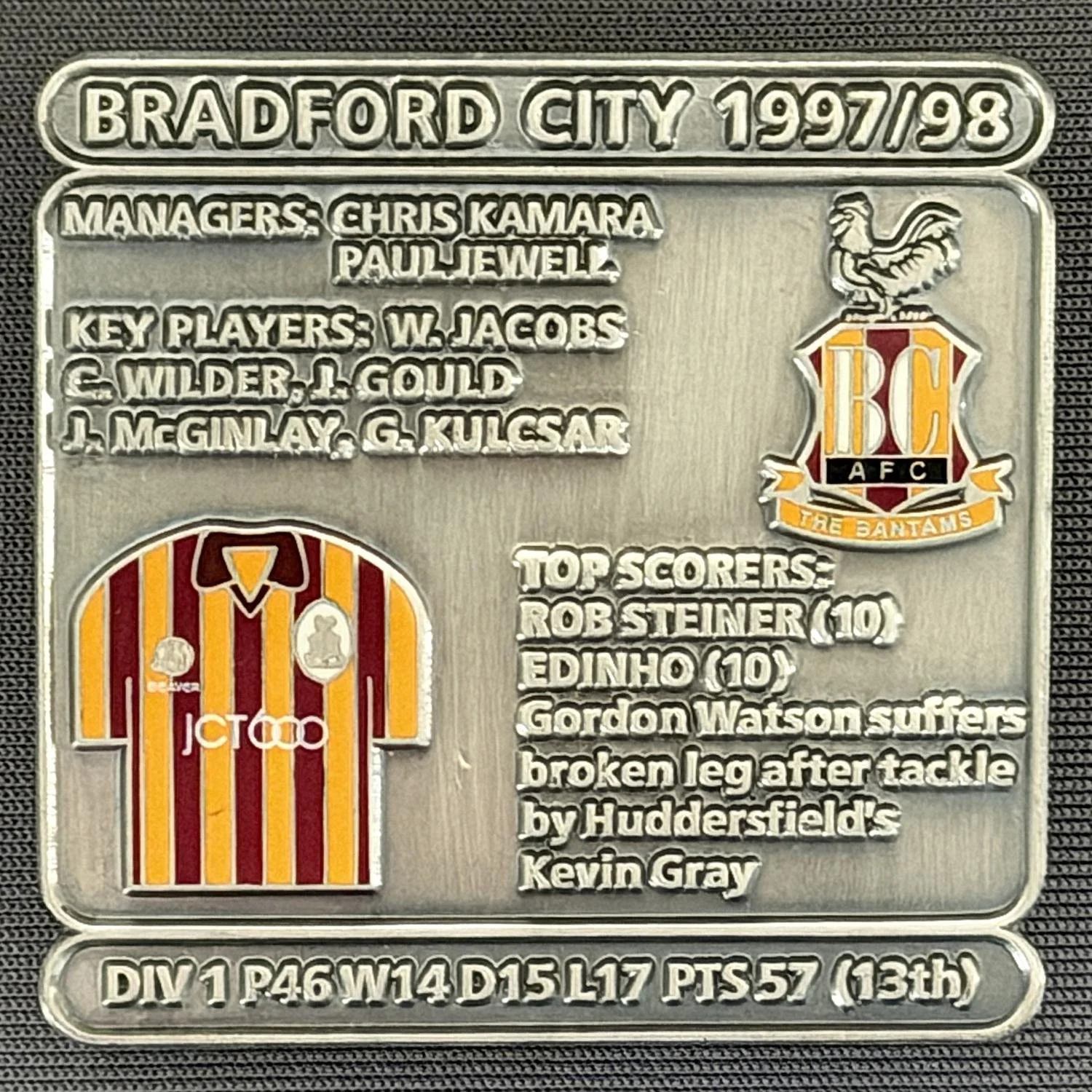 Reference Number: BCDEC194
Size: H 41.1 mm x W 42 mm
Pin Type: Double Metal Clutch
Plating: Antique Silver
Value: £8
Manufacturer: Historic Sports Badges Ltd
Comments: 1997/98 Season