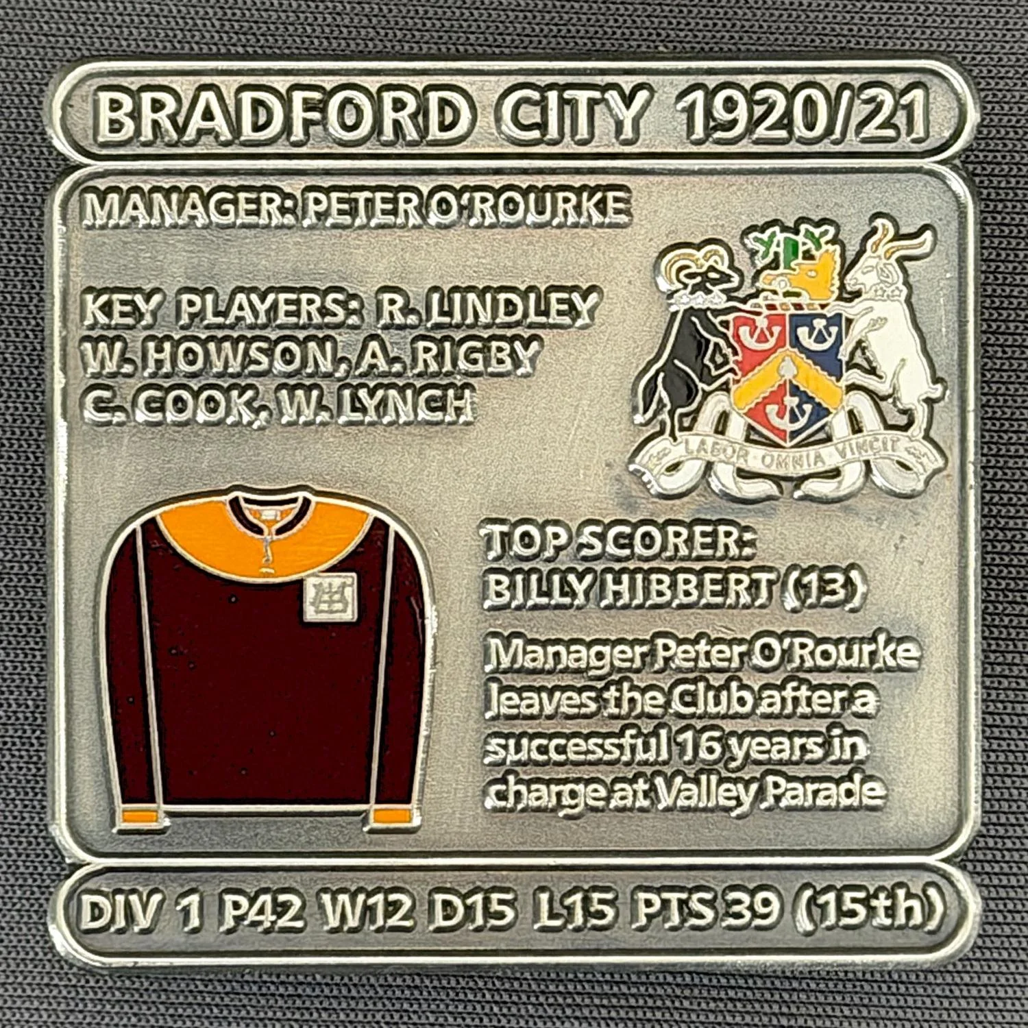 Reference Number: BCDEC047
Size: H 41.1 mm x W 42 mm
Pin Type: Double Metal Clutch
Plating: Antique Silver
Value: £8
Manufacturer: Historic Sports Badges Ltd
Comments: 1920/21 Season