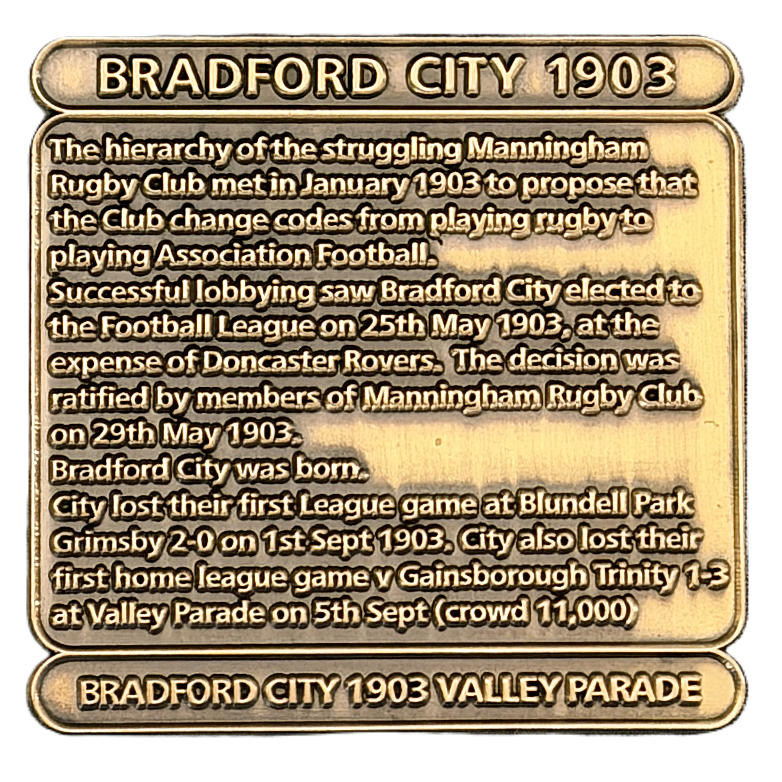 Bradford City Decade Badge. A range of badges from 1903 through to 2016, featuring facts and images relating to each Bradford City football season