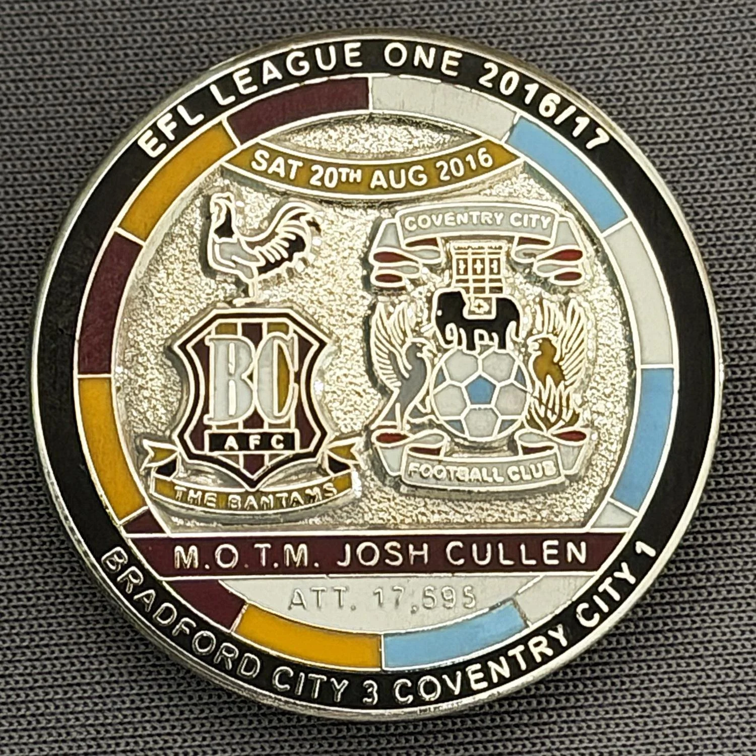 Reference Number: BCFIX393
Size: D 29.4 mm
Pin Type: Brooch Pin
Plating: Nickel
Value: £10
Manufacturer: Bradford City Badges
Comments: Bradford City v Coventry City 2016/17, Limited Edition of 10 Badges (Nickel Version)