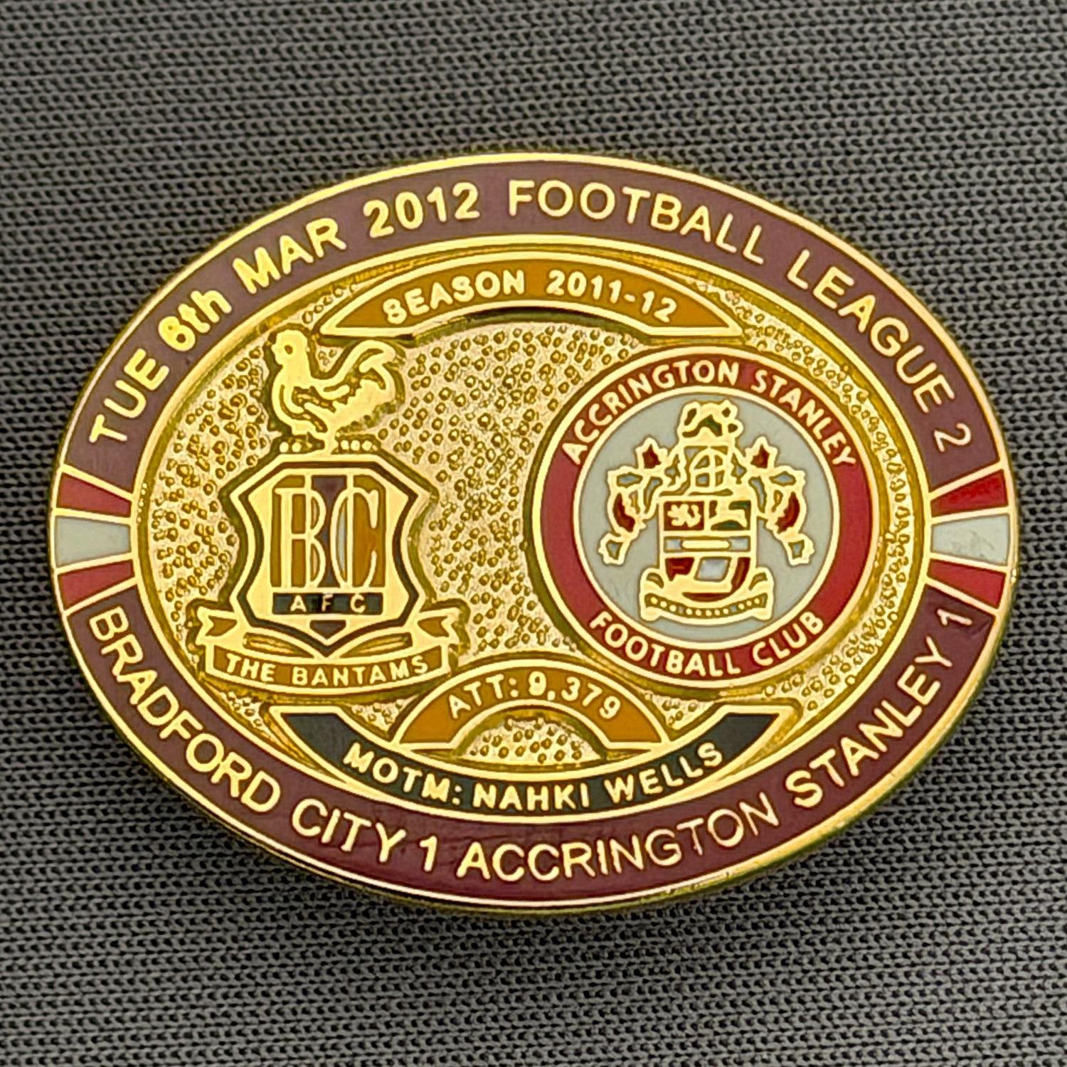Reference Number: BCFIX086
Size: H 23.6 mm x W 28.7 mm
Pin Type: Brooch Pin
Plating: Gold
Value: £8
Manufacturer: Bradford City Badges
Comments: Bradford City v Accrington Stanley  2011/12 Limited Edition 80 Badges