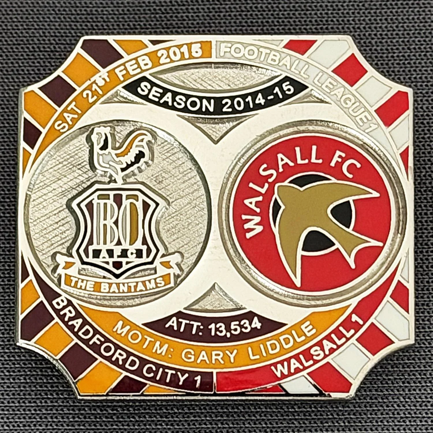 Reference Number: BCFIX292
Size: H 26.8 mm x W 28.8 mm
Pin Type: Brooch Pin
Plating: Nickel
Value: £10
Manufacturer: Bradford City Badges
Comments: Bradford City v Walsall 2014/15, Limited Edition of 10 Badges (Nickel Version)